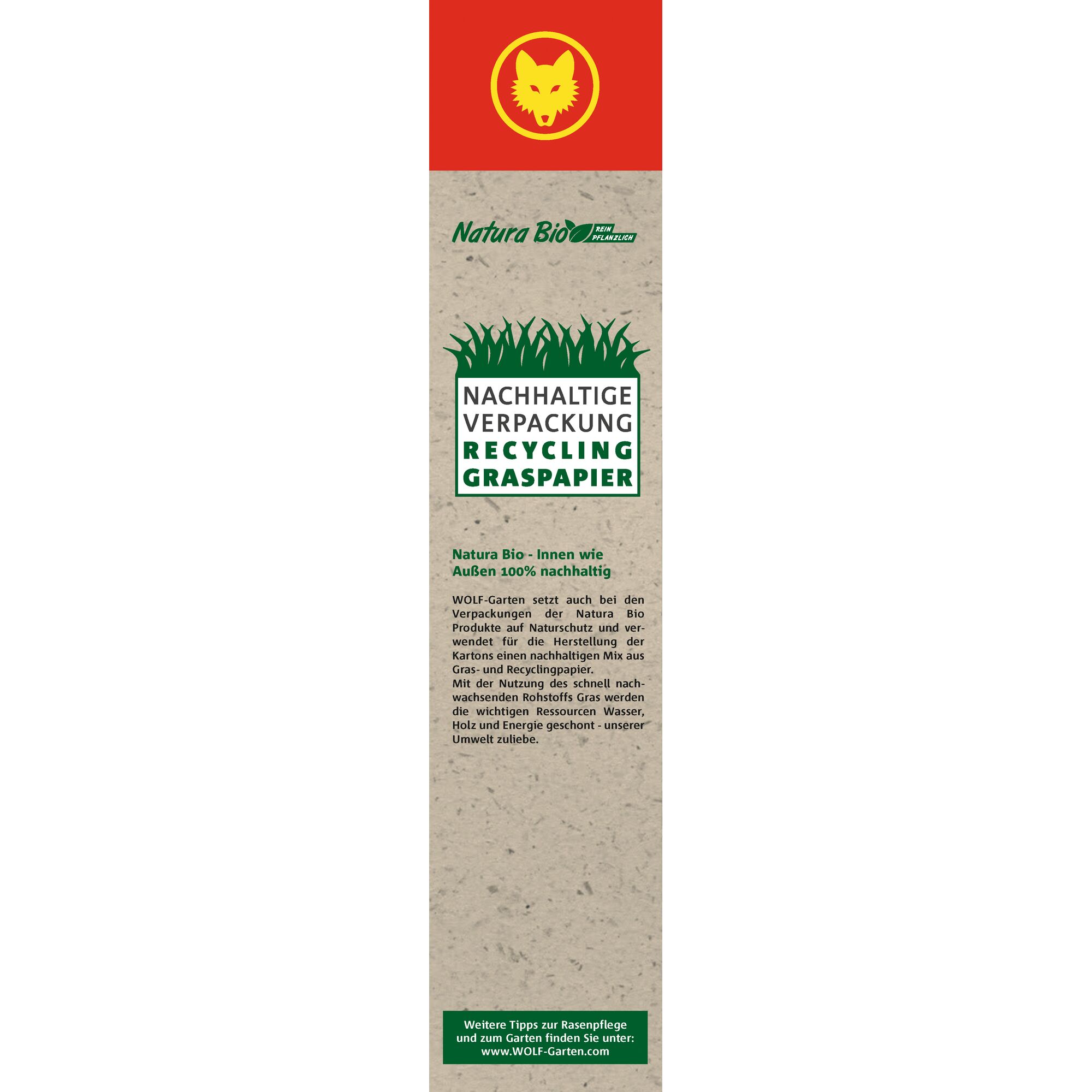 A WOLFGarten Natura Bio packaging label featuring a red top section with a yellow wolf head logo, and an informational area below. Text highlights sustainable packaging made with recycled grass paper. Includes brief environmental benefits and a web address for garden and lawn tips.