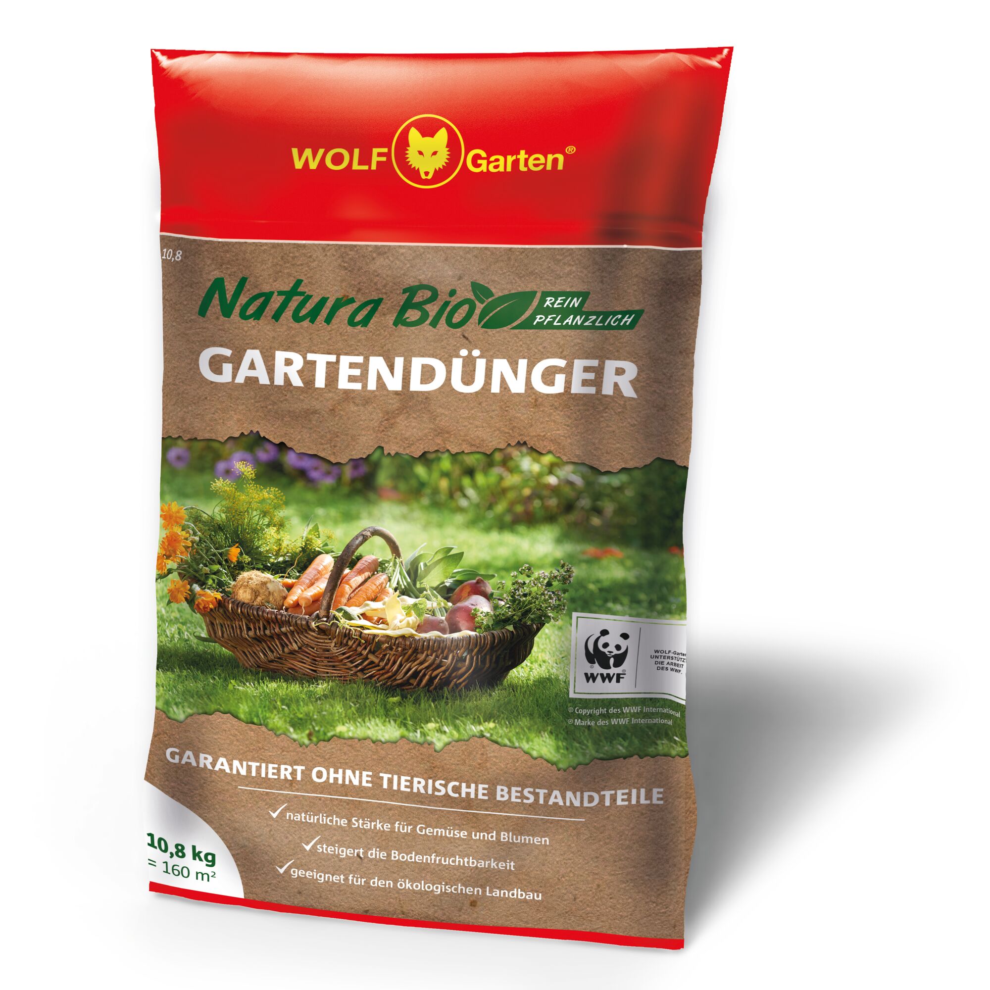 A bag of WOLF Garten Natura Bio plant-based garden fertilizer. The packaging is red and brown with images of vegetables and flowers in a basket on a lawn. The bag indicates it is suitable for organic farming, contains no animal ingredients, and weighs 10.8 kg for coverage of 160 m².