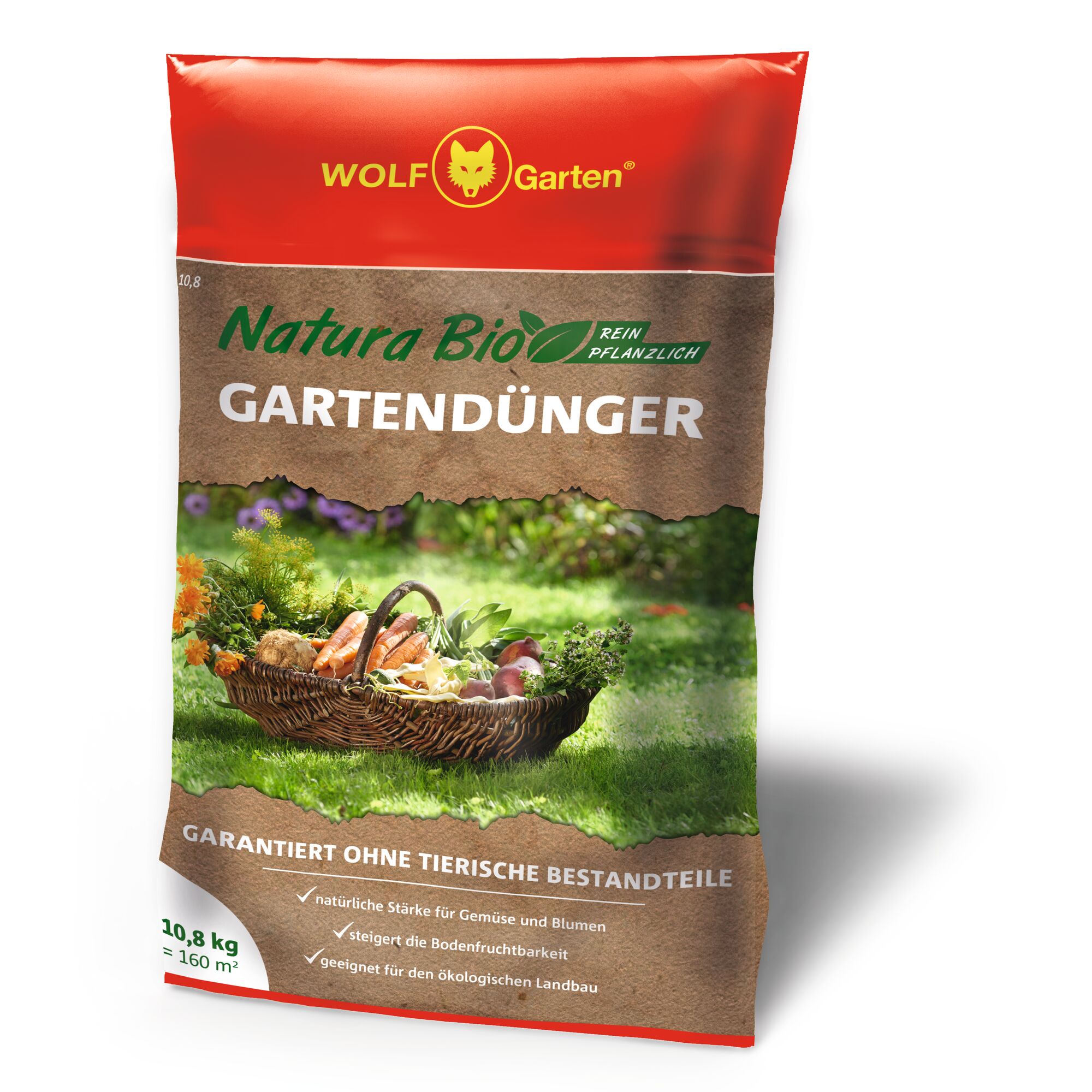 A red and brown bag of WOLF Garten Natura Bio garden fertilizer featuring a basket of vegetables and flowers on the label. The packaging highlights that it is plant-based, suitable for organic gardening, and contains 10.8 kg, covering up to 160 square meters.