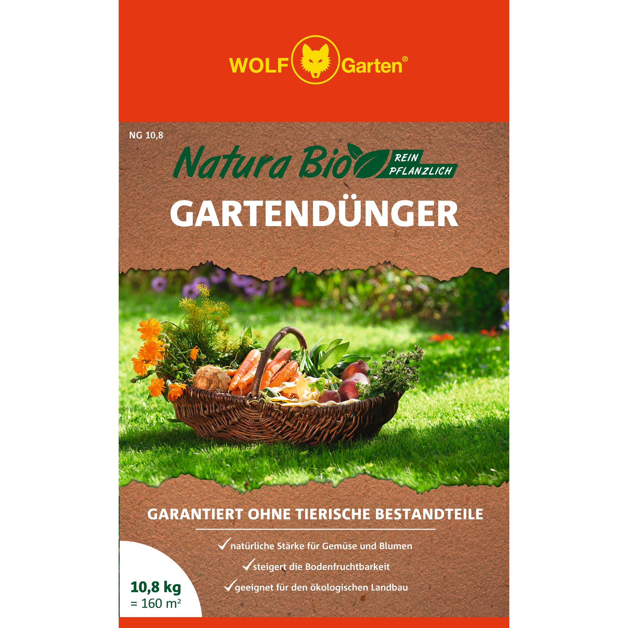 Packaging of WOLF Garten Natura Bio garden fertilizer, featuring a basket of vegetables and flowers on grass. The product is plant-based, guaranteed without animal ingredients, suitable for ecological agriculture, and supports soil fertility. Weight: 10.8 kg for 160 m².