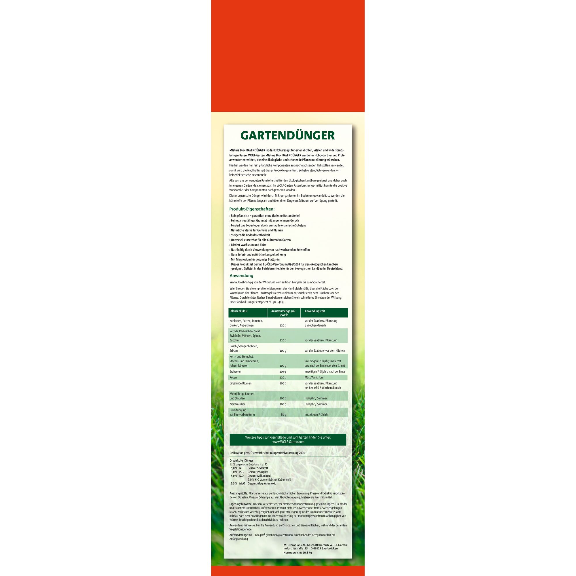 Back view of a product packaging for WOLFGarten Gartendünger garden fertilizer, featuring detailed instructions, application recommendations, product properties, and a list of nutrients in German. The packaging includes a table with recommended dosages for different plants and grasses.