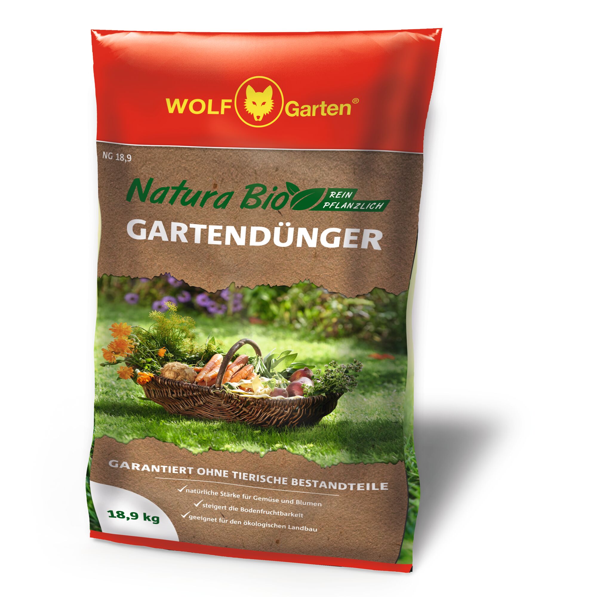A bag of WOLF Garten Natura Bio garden fertilizer. The packaging is red and brown, featuring a logo with a wolf's head, text indicating it is purely plant-based, and an image of vegetables and flowers in a wicker basket on green grass. The bag weighs 18.9 kg and states it does not contain animal products.