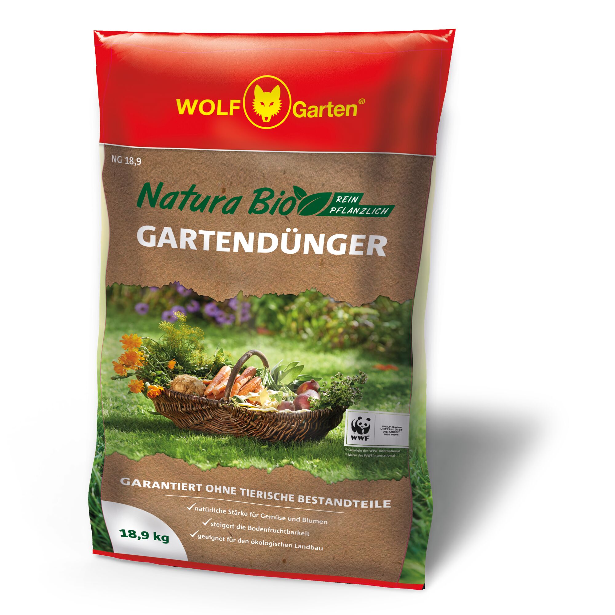 A bag of WOLF Garten Natura Bio Garden Fertilizer, weighing 18.9 kg. The packaging is red and brown with an image of a basket containing vegetables, flowers, and greenery, placed on grass. The product is plant-based and suitable for vegetables, flowers, and organic farming, and is guaranteed to contain no animal components.