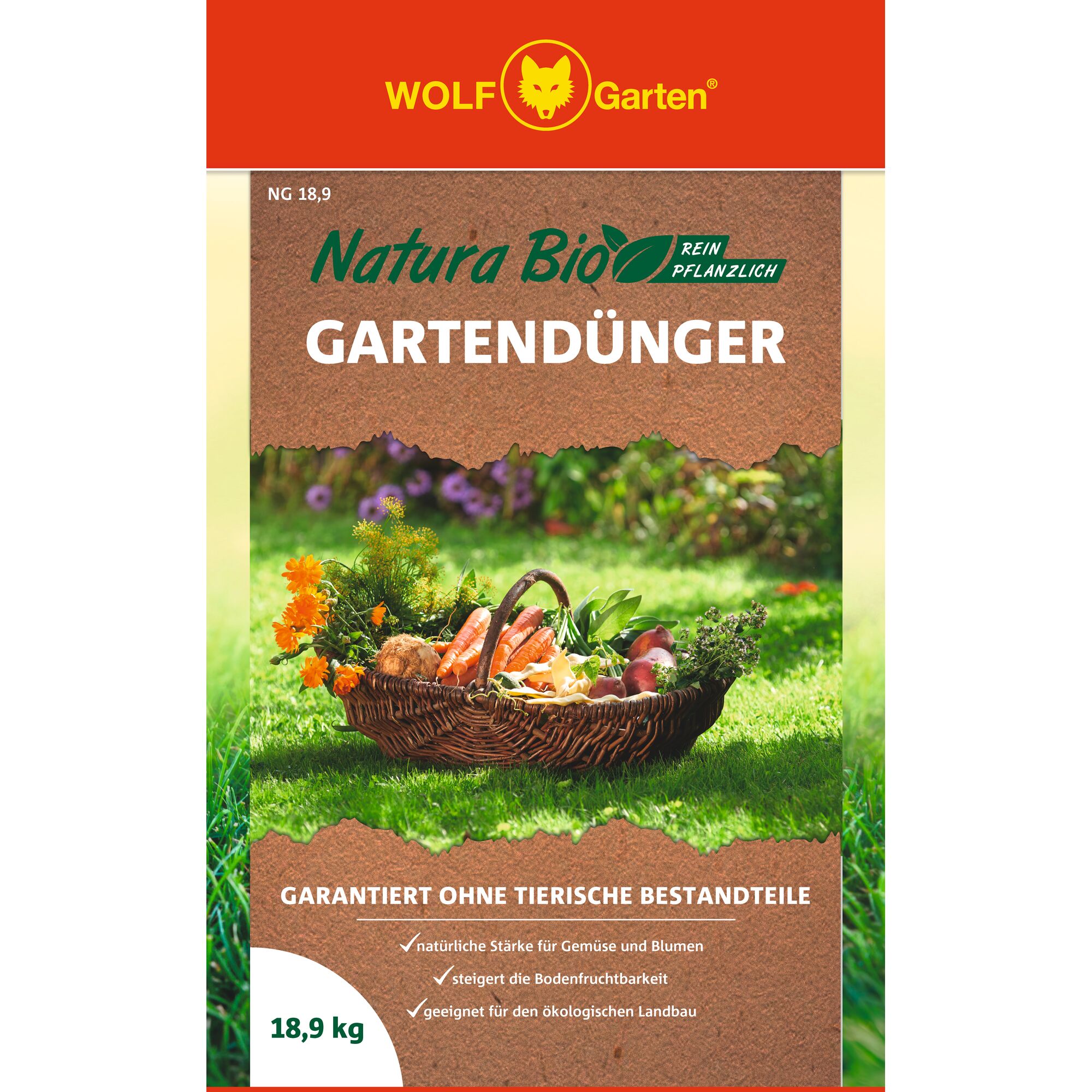 Front packaging of WOLF Garten Natura Bio garden fertilizer, showing a basket of vegetables and flowers on grass. The product is plant-based, contains no animal ingredients, weighs 18.9 kg, and is suitable for organic farming.