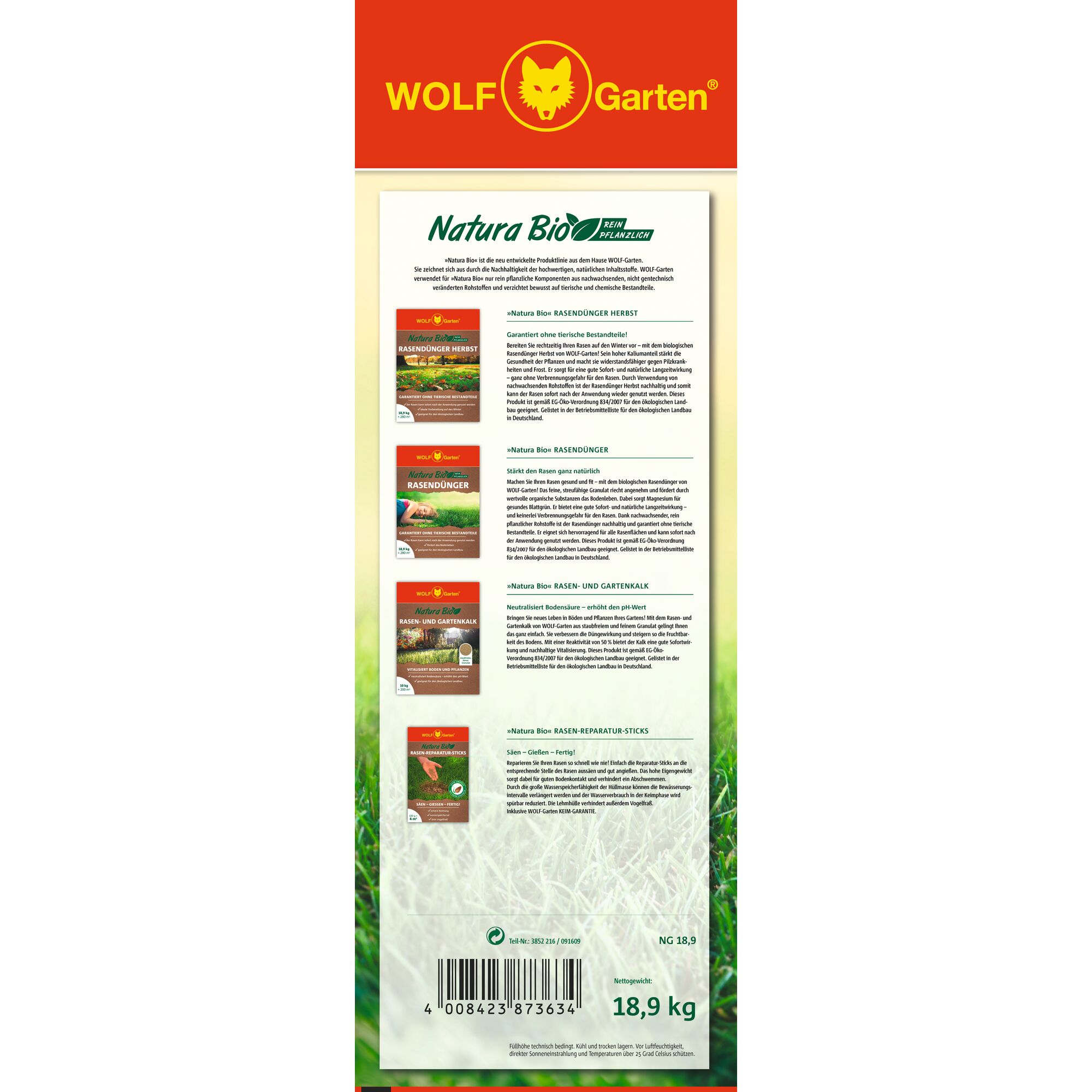 Back side of a WOLF-Garten product packaging featuring Natura Bio lawn care products. The packaging displays information about various organic lawn products, including autumn lawn fertilizer, lawn fertilizer, lawn and garden lime, and lawn repair sticks. The text is mainly in German and includes images of each product. The barcode and product weight, 18.9 kg, are visible at the bottom.