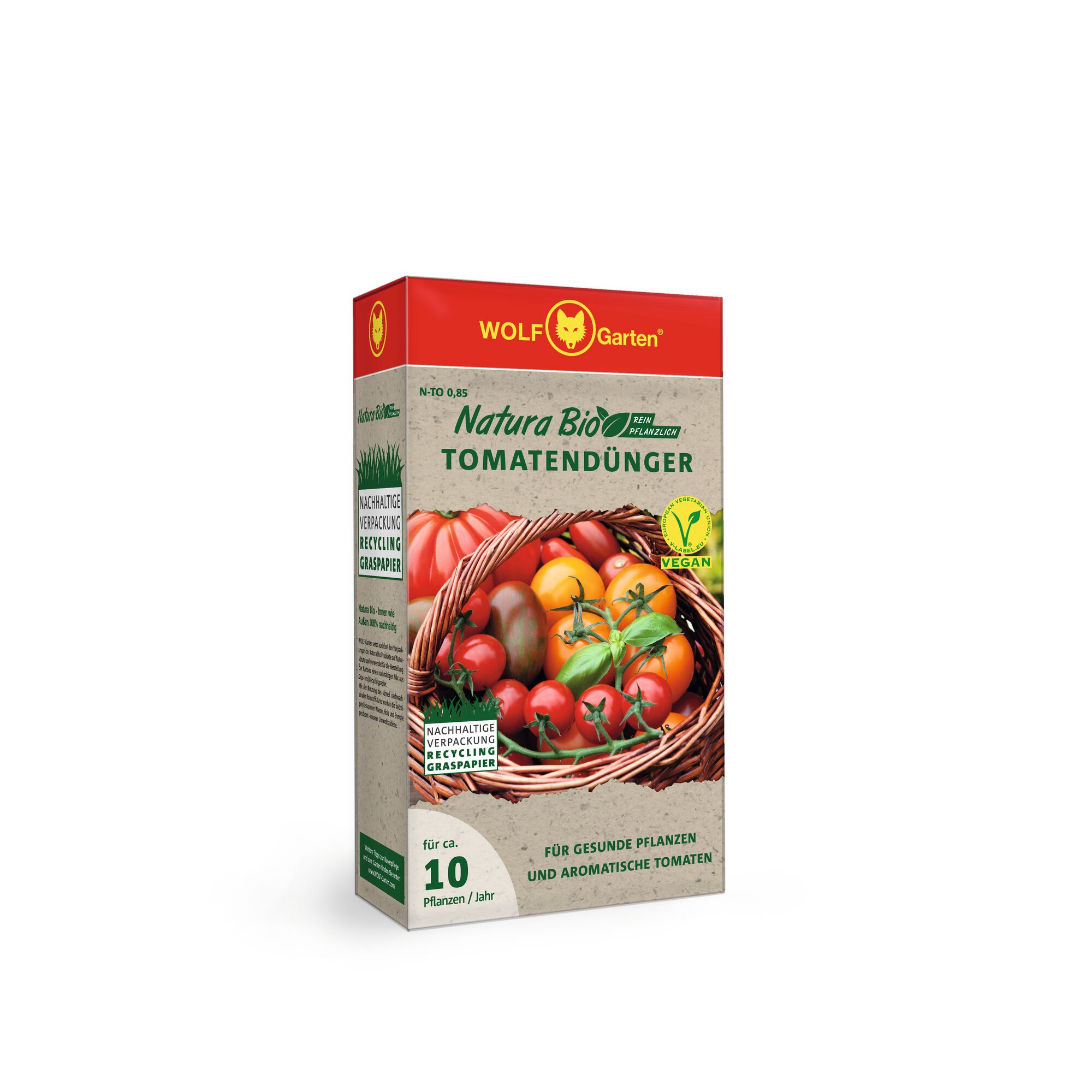A box of WOLFGarten Natura Bio vegan tomato fertilizer with images of assorted tomatoes in a basket on the front and information about sustainable packaging and plant health.
