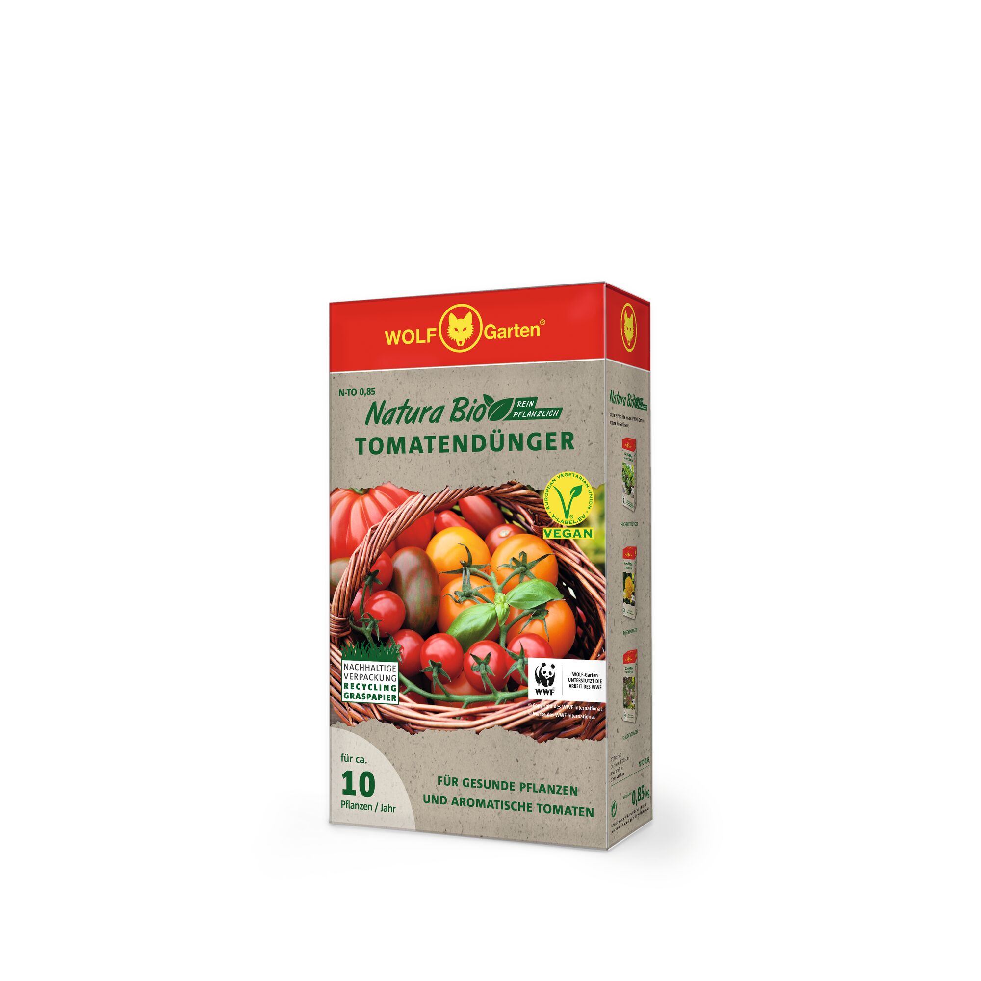 A box of WOLF-Garten Natura Bio tomato fertilizer for healthy and aromatic tomatoes. The packaging features images of various tomatoes in a basket and highlights that the product is vegan, uses sustainable packaging, and is suitable for approximately 10 plants per year.