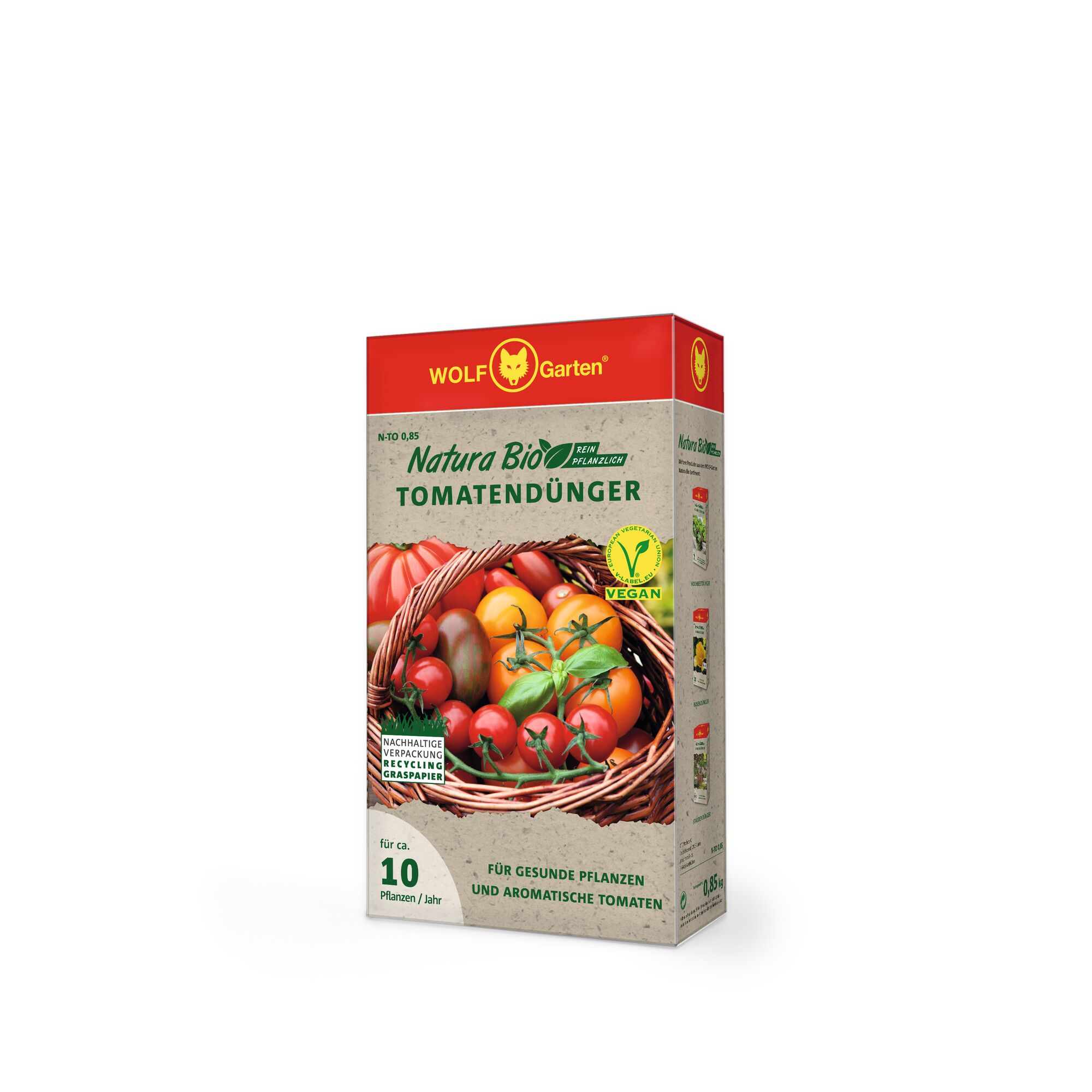 Box of WOLF Garten Natura Bio tomato fertilizer featuring a basket of assorted tomatoes on the front, vegan certification, and text emphasizing healthy plants and aromatic tomatoes.