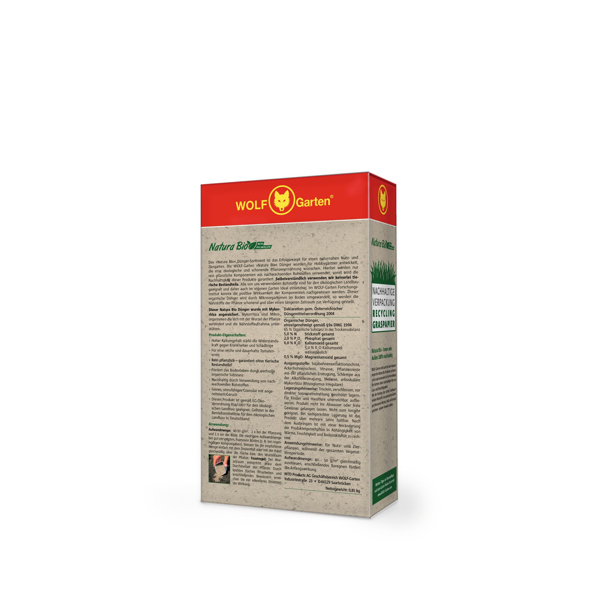 A box of WOLF Garten Natura Bio lawn product, featuring a red and yellow top with the brand logo, detailed product information in German on the side, and eco-friendly packaging indications.