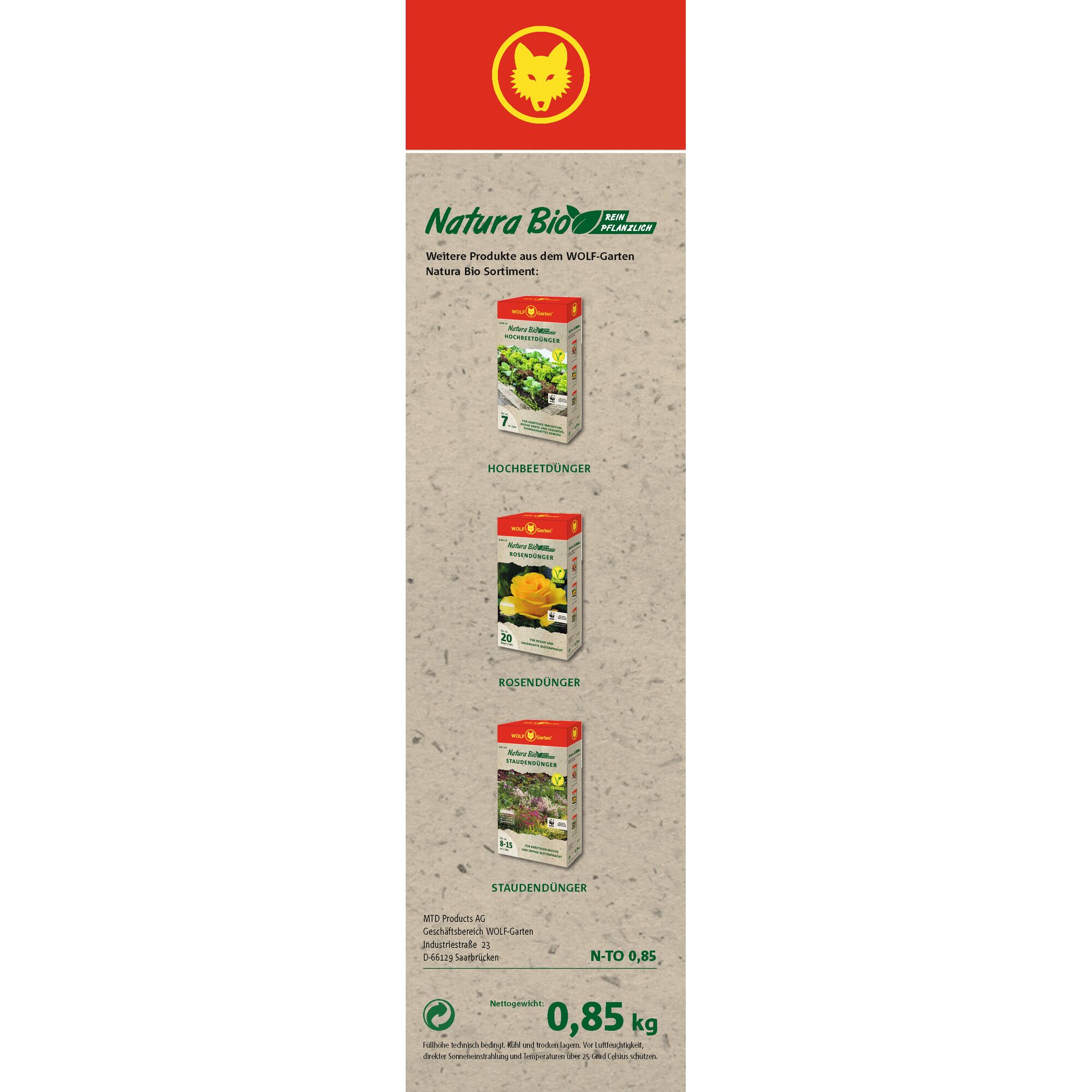 Promotional image featuring three WOLF-Garten Natura Bio fertilizer products for raised beds, roses, and perennials. The products are displayed vertically with their packaging visible. The packaging includes the WOLF-Garten logo and details about product weight and net weight (0.85 kg).