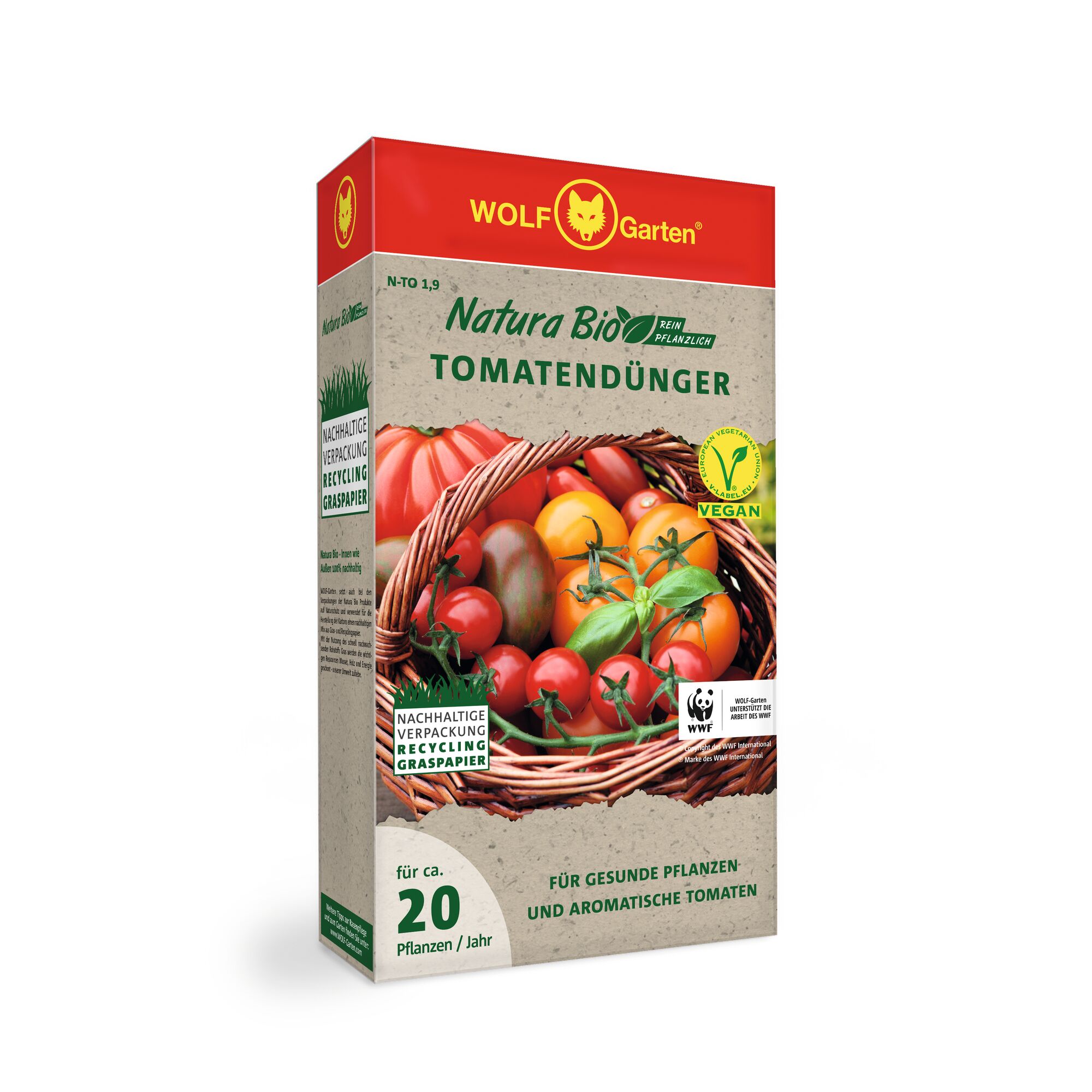 A box of WOLFGarten Natura Bio tomato fertilizer. The packaging features an image of assorted tomatoes in a wicker basket, vegan labeling, sustainable packaging information, and text indicating it is suitable for healthy plants and aromatic tomatoes. Designed for about 20 plants per year.