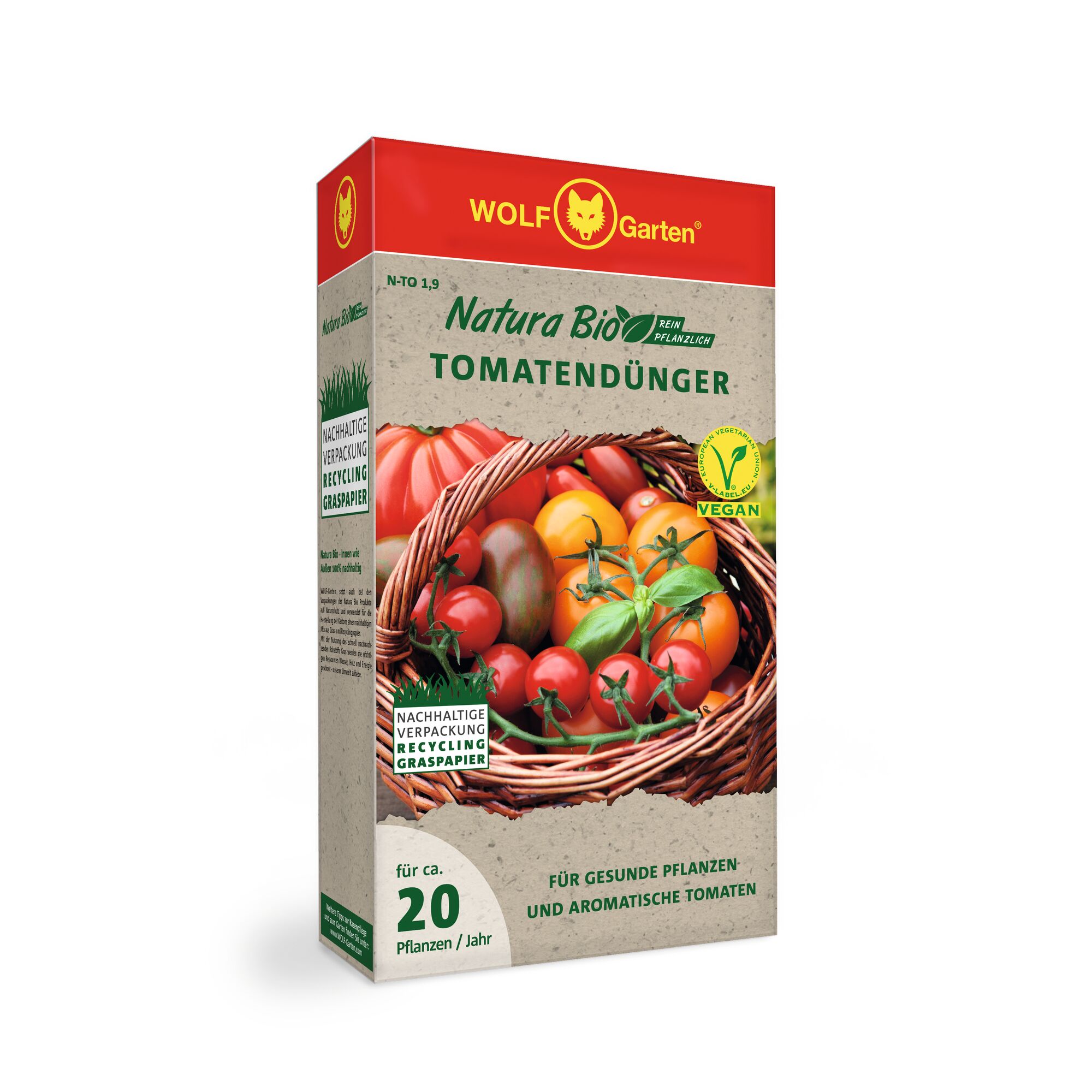 Box of WOLF Garten Natura Bio Tomato Fertilizer. The packaging is primarily red and beige and features an image of assorted tomatoes in a wicker basket. The box includes labels indicating it is vegan and uses sustainable grass paper packaging, suitable for about 20 plants per year.