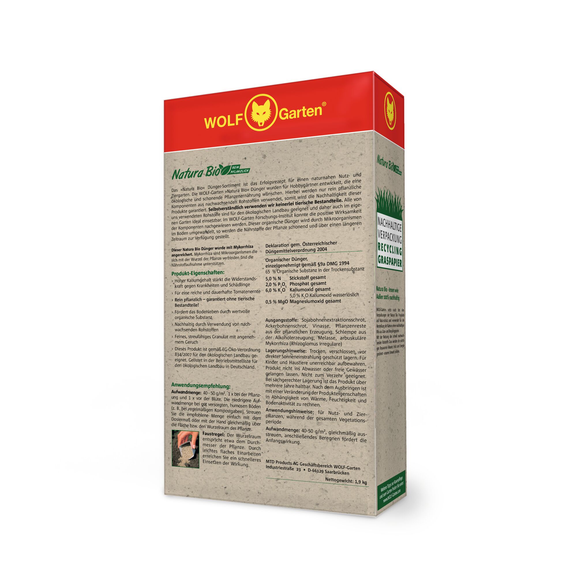 Rectangular box of WOLF-Garten Naturra Bio organic fertilizer, featuring a red top with the WOLF-Garten logo and yellow text. The side of the box has detailed product information and application instructions in German. The packaging promotes sustainable recycling with graphic elements and text, and displays the net weight of 1.5 kg.