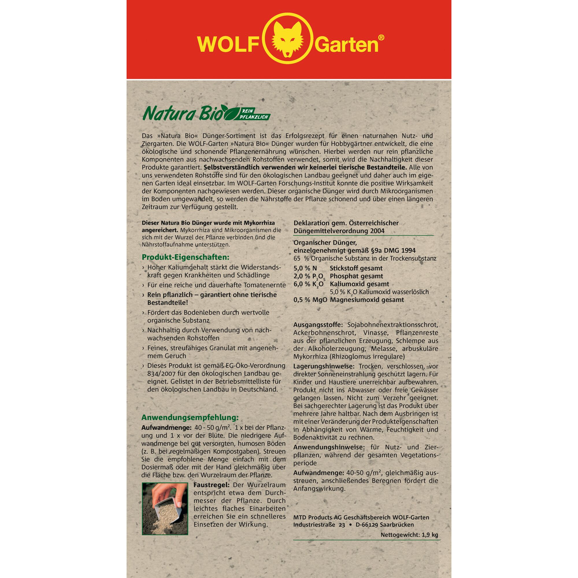 Image of a WOLF-Garten Natura Bio product information sheet. The sheet describes an organic fertilizer for garden use, highlighting its benefits such as high potassium content, resistance to diseases, sustainable ingredients, and suitability for eco-friendly gardening. It mentions mycorrhiza and microorganisms for nutrient absorption, application instructions, and product composition. The background features the WOLF-Garten logo at the top and detailed text in German.