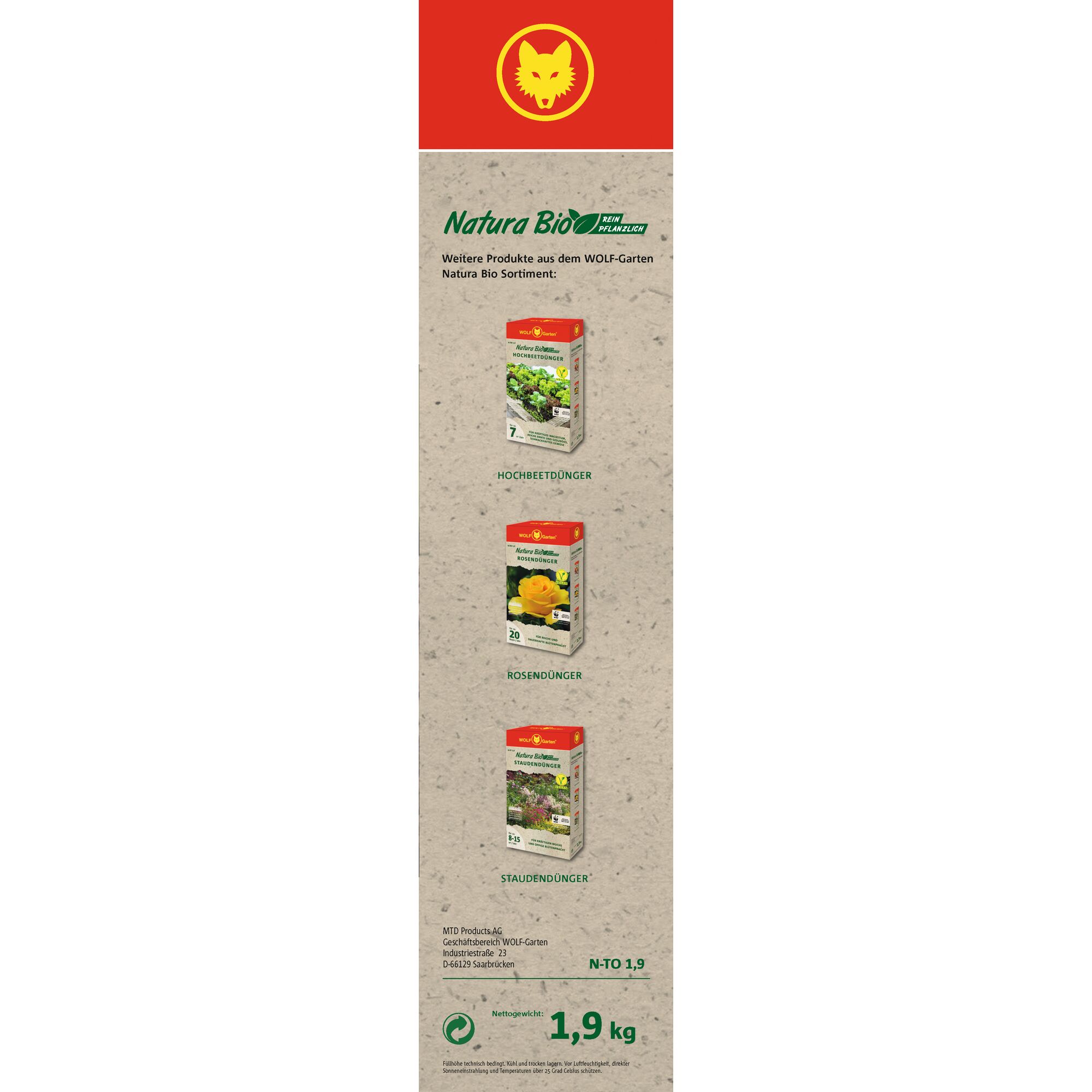 Vertical promotional banner for WOLF-Garten Natura Bio fertilizers. It features the brand logo at the top, followed by text introducing Natura Bio products. Three boxes of fertilizer are shown: one for raised beds, one for roses, and one for perennials. The net weight of 1.9 kg is noted at the bottom.