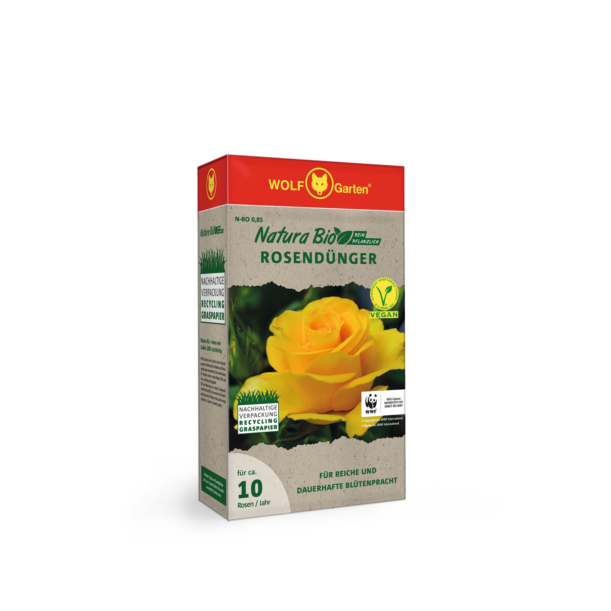 A box of WOLF-Garten Natura Bio vegan rose fertilizer with sustainable packaging, featuring a picture of a yellow rose on the front. Suitable for enriching about 10 roses per year.