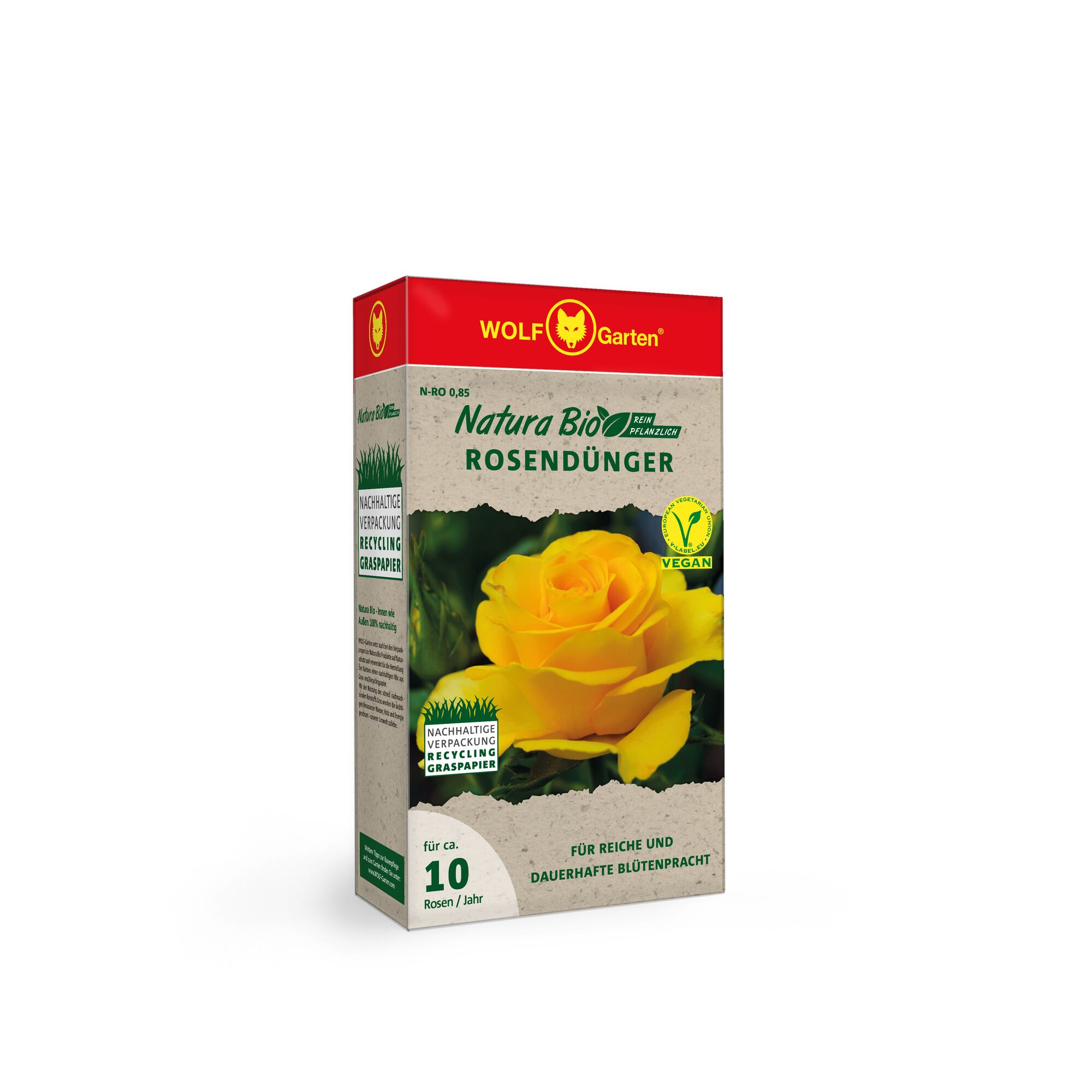 A box of WOLF-Garten Natura Bio Rosendünger, a vegan organic rose fertilizer. The packaging is mostly beige with a red top, features a large image of a yellow rose, and includes icons for vegan and sustainable packaging. Text highlights it is suitable for about 10 roses per year.