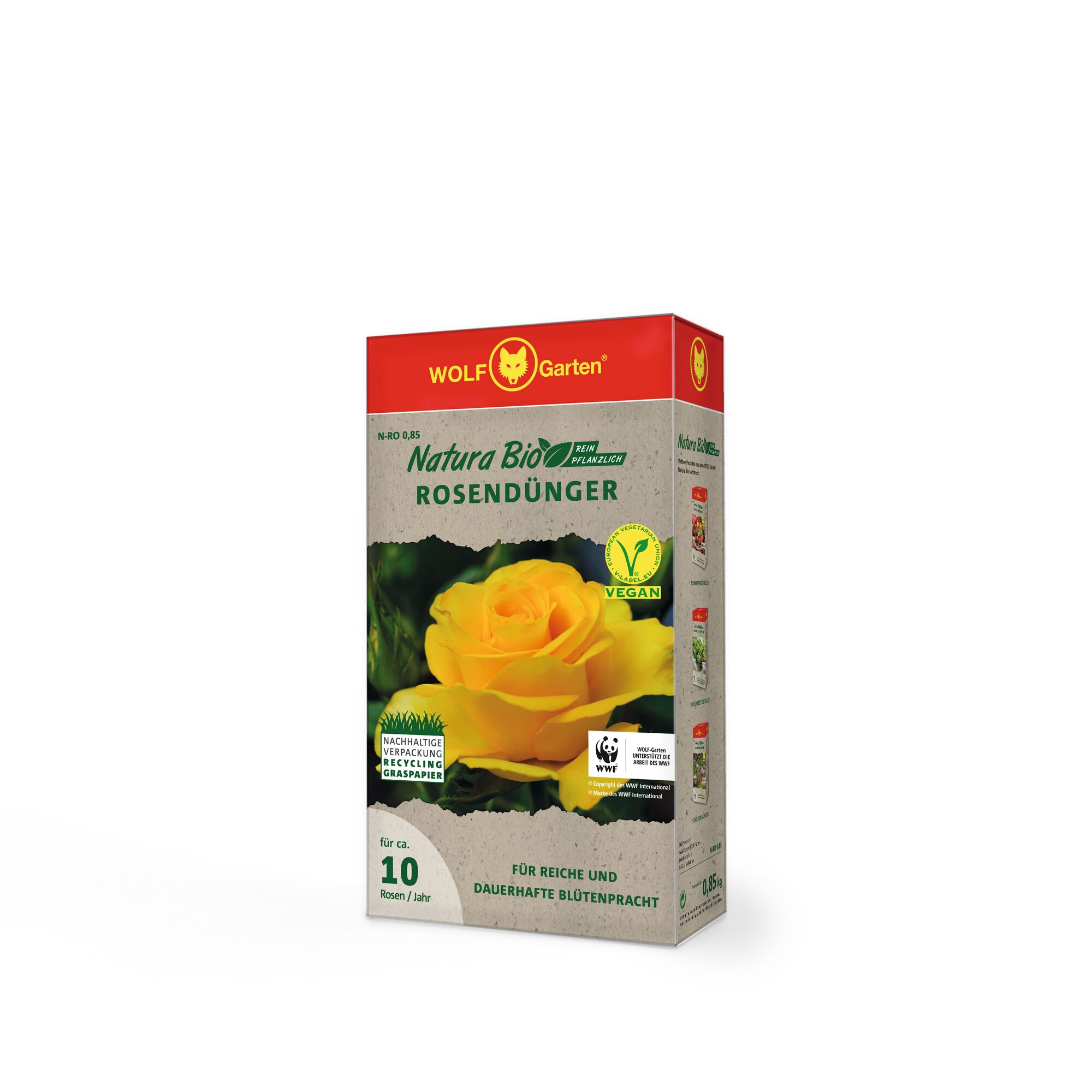 A box of WOLFGarten Natura Bio rose fertilizer, featuring a yellow rose image on the front. The packaging highlights vegan ingredients, sustainable grass paper packaging, and suitability for about 10 roses per year.