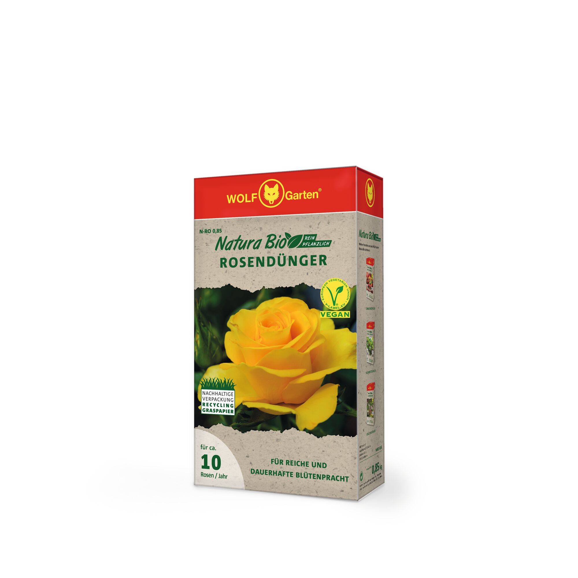 Box of WOLF Garten Natura Bio rose fertilizer with a yellow rose image, vegan label, and green eco-friendly packaging information.
