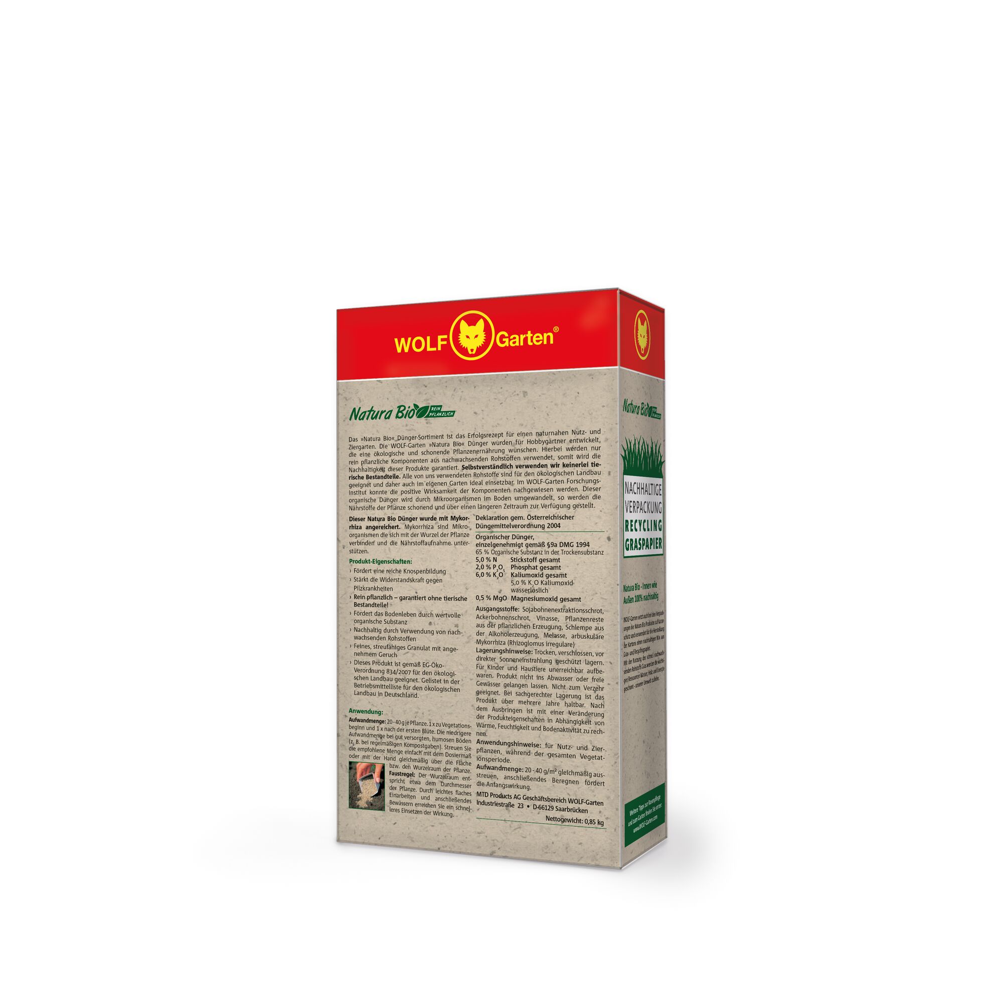 A rectangular box of WOLF Garten product with a red top and beige body. The front and side are covered with text describing the product and its eco-friendly features. The branding and logo are visible at the top of the box.