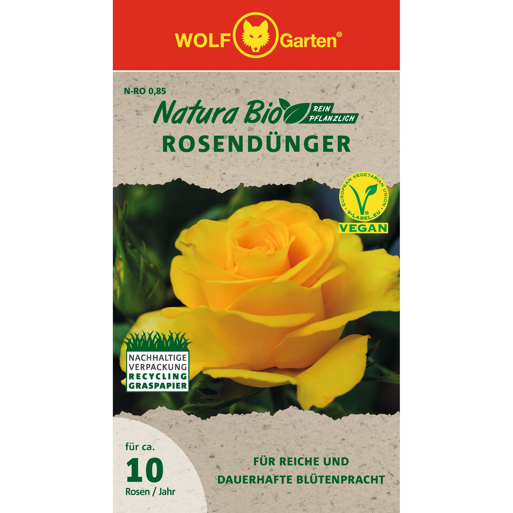 Front packaging of WOLF Garten Natura Bio rose fertilizer. Features a yellow rose, vegan label, and mentions sustainable packaging made from recycled grass paper. Text indicates it is suitable for approximately 10 roses per year and promises rich and long-lasting flowering.