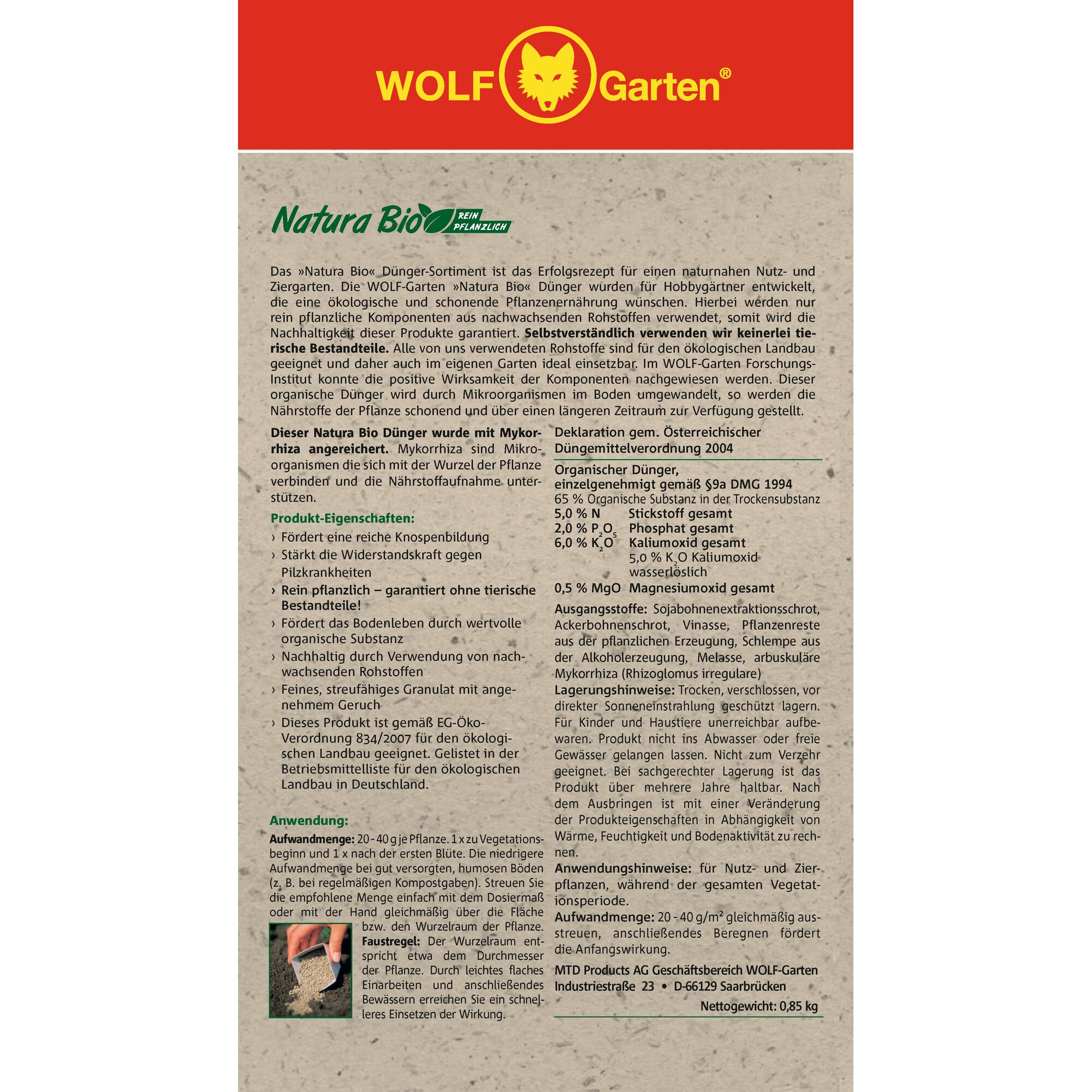 Photo of WOLFGarten Natura Bio fertilizer package, SKU 3854006, front label with product info and instructions.