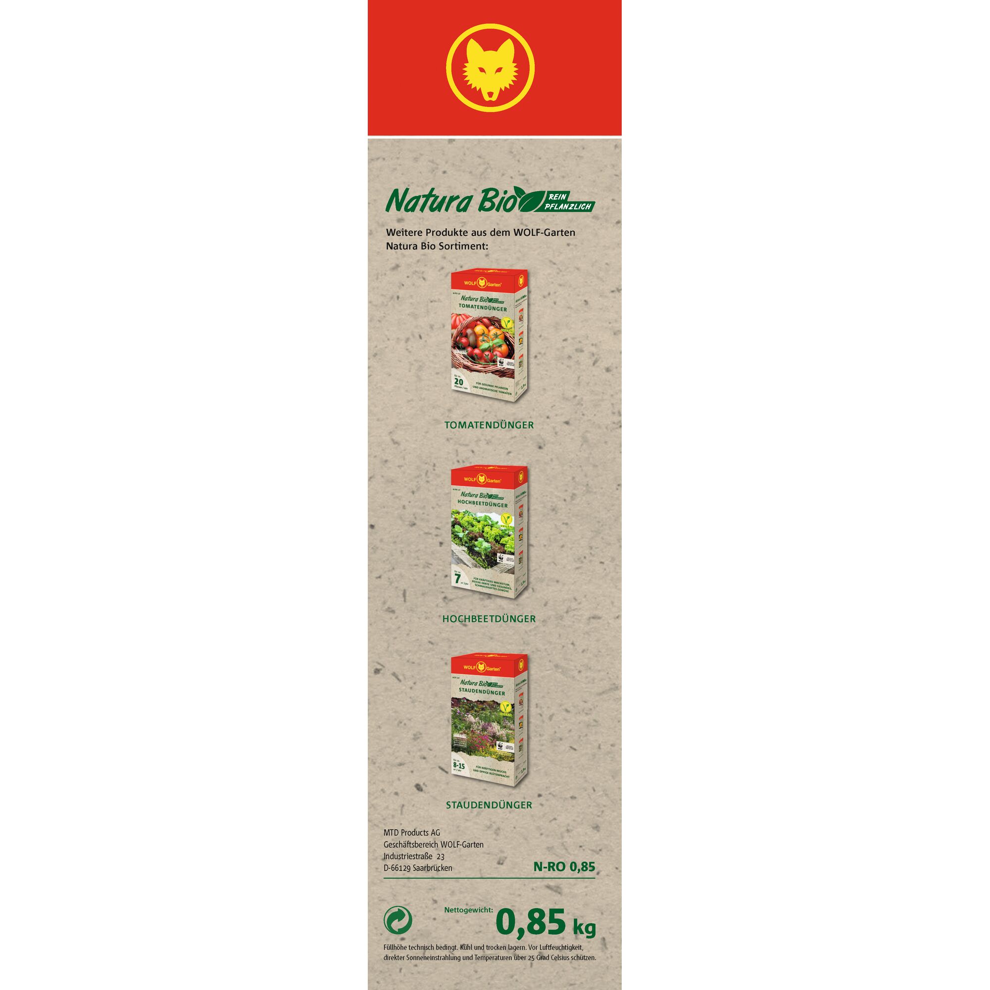 Product banner of WOLF-Garten Natura Bio featuring three different plant fertilizer boxes: tomato fertilizer, raised bed fertilizer, and perennial fertilizer. The banner includes the WOLF-Garten logo at the top, product descriptions, and a net weight indication of 0.85 kg.