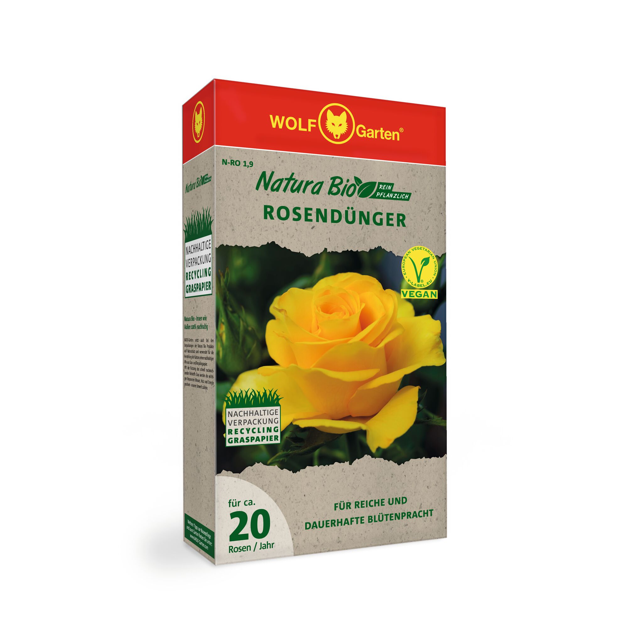 A package of WOLF Garten Natura Bio rose fertilizer, featuring a picture of a yellow rose on the front. The packaging highlights vegan credentials and sustainable, recyclable grass paper.