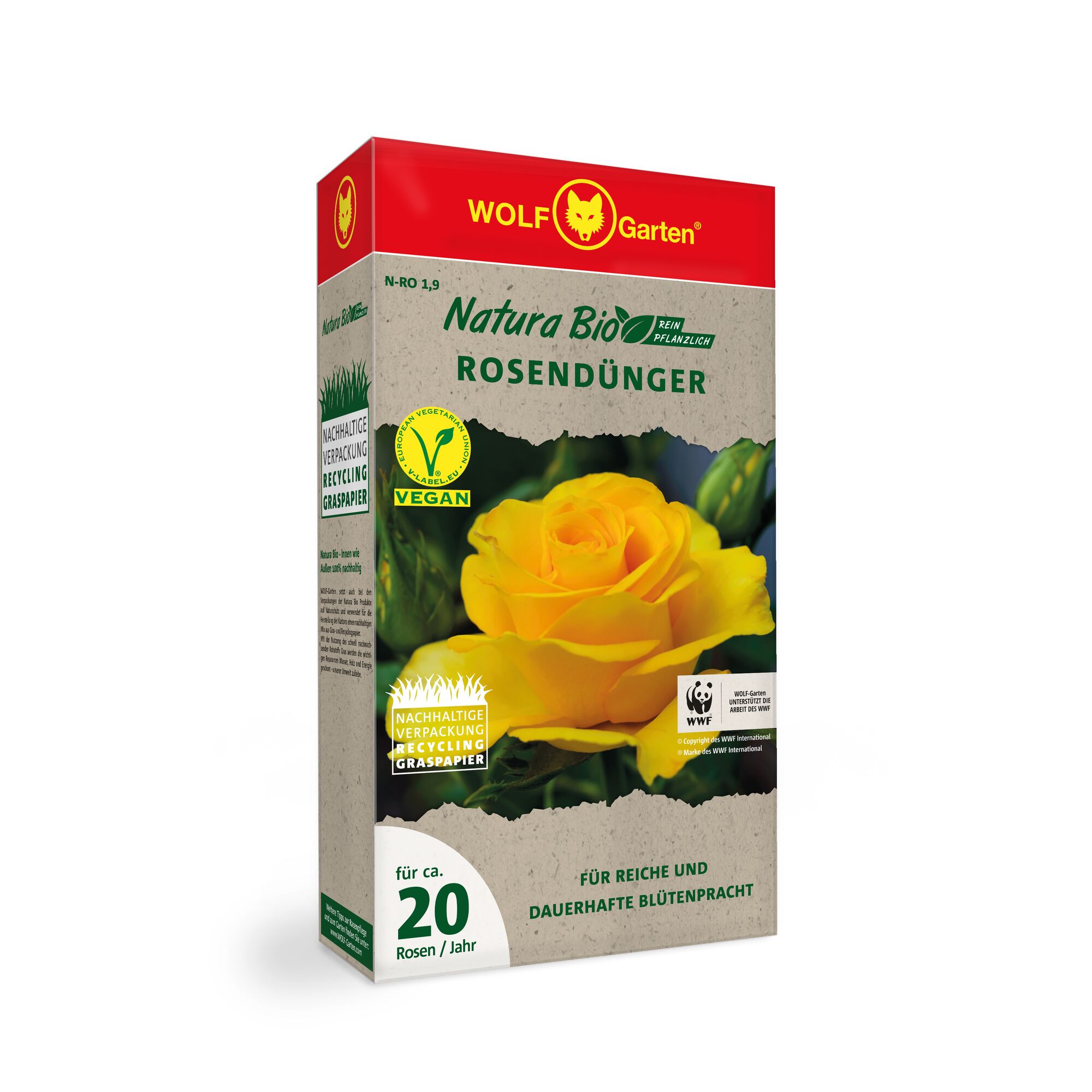 Box of WOLF Garten Natura Bio vegan rose fertilizer, featuring a yellow rose image and eco-friendly packaging details.