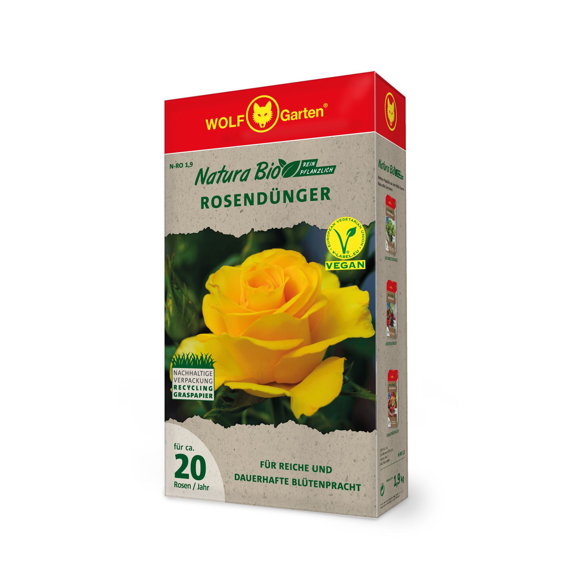 A box of WOLFGarten Natura Bio Rose Fertilizer, showing a bright yellow rose on the front. The packaging highlights the fertilizer as vegan, plant-based, suitable for approximately 20 roses per year, and features sustainable, recyclable grass paper.