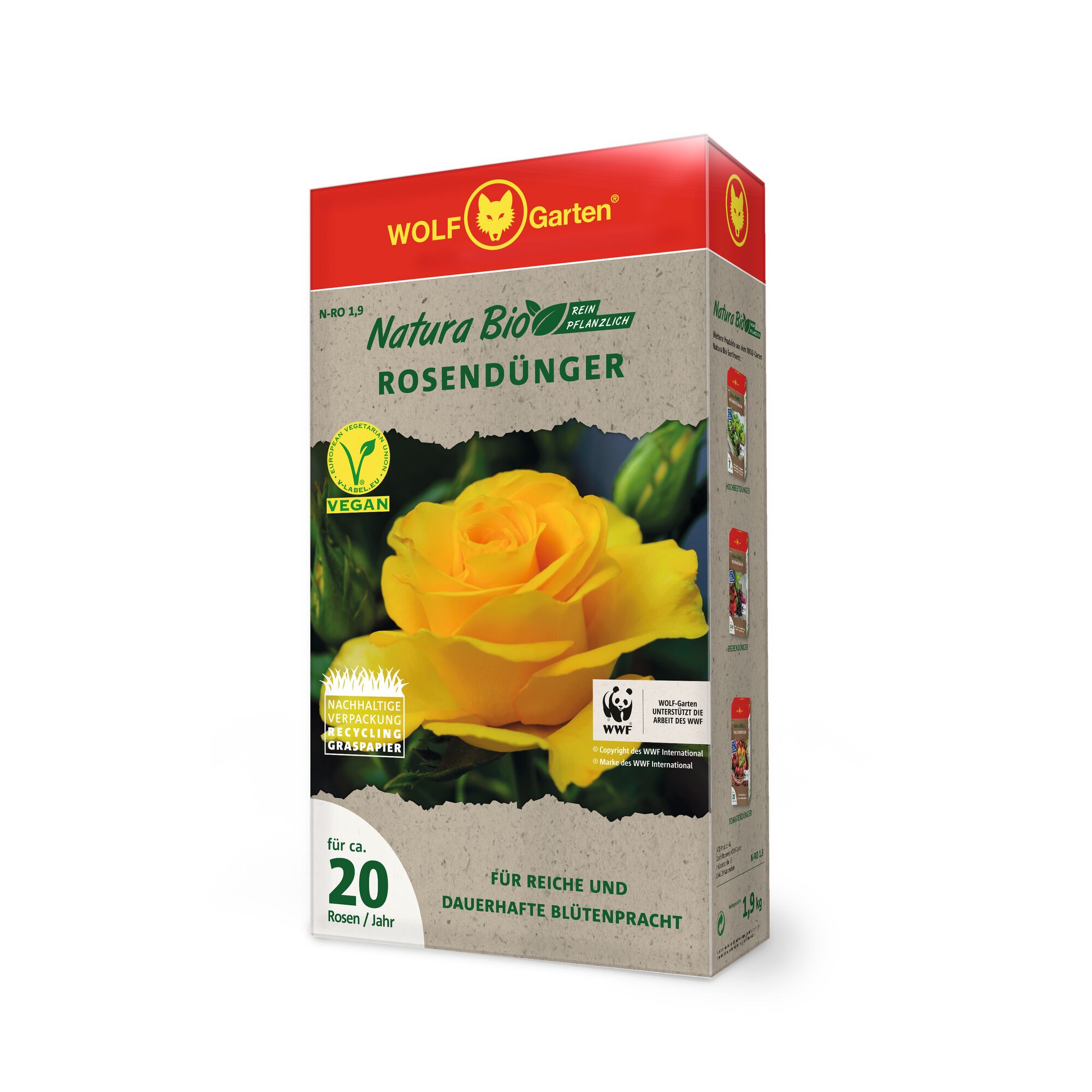 Box of WOLF Garten Natura Bio rose fertilizer, featuring a yellow rose on the front. The packaging includes information about vegan certification, sustainable packaging (recycled grass paper), and suitability for approximately 20 roses per year.