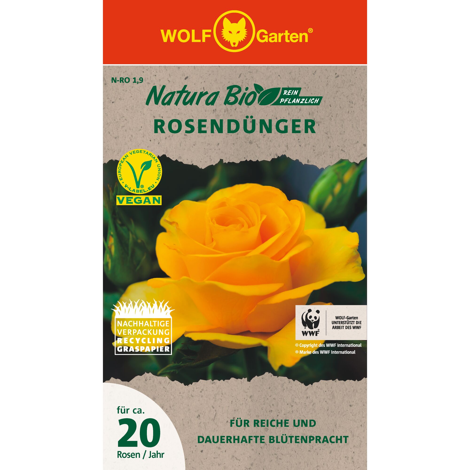 Front packaging of WOLF Garten Natura Bio Rosendünger, a vegan rose fertilizer for approximately 20 roses per year. The box has a picture of a yellow rose, sustainability and recycling labels, and WWF support logo.