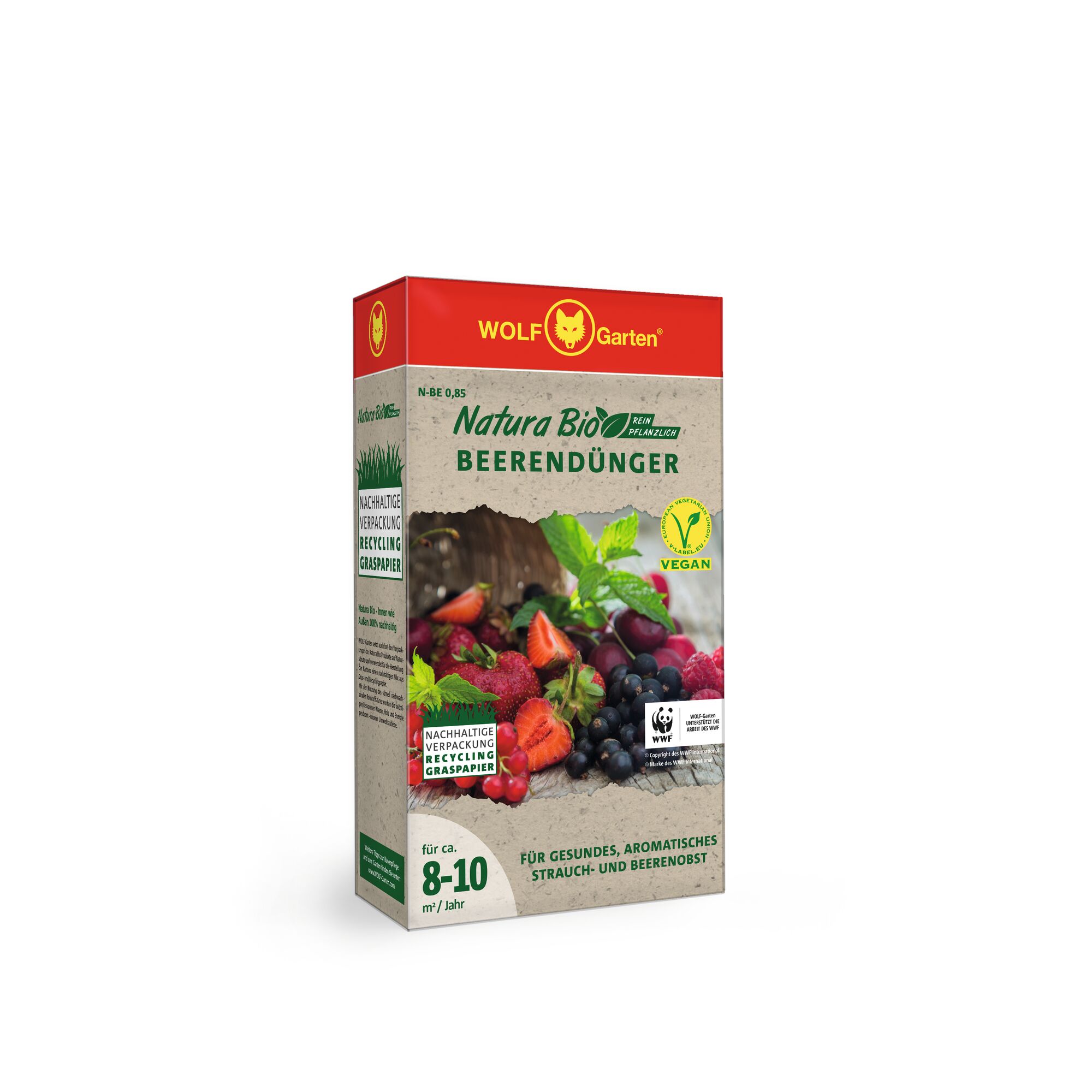 A box of WOLFGarten Natura Bio Vegan Berry Fertilizer, featuring vibrant images of assorted berries on the front. The packaging includes vegan and sustainable recycling symbols and text in German indicating it is suitable for healthy, aromatic shrub and berry fruits.