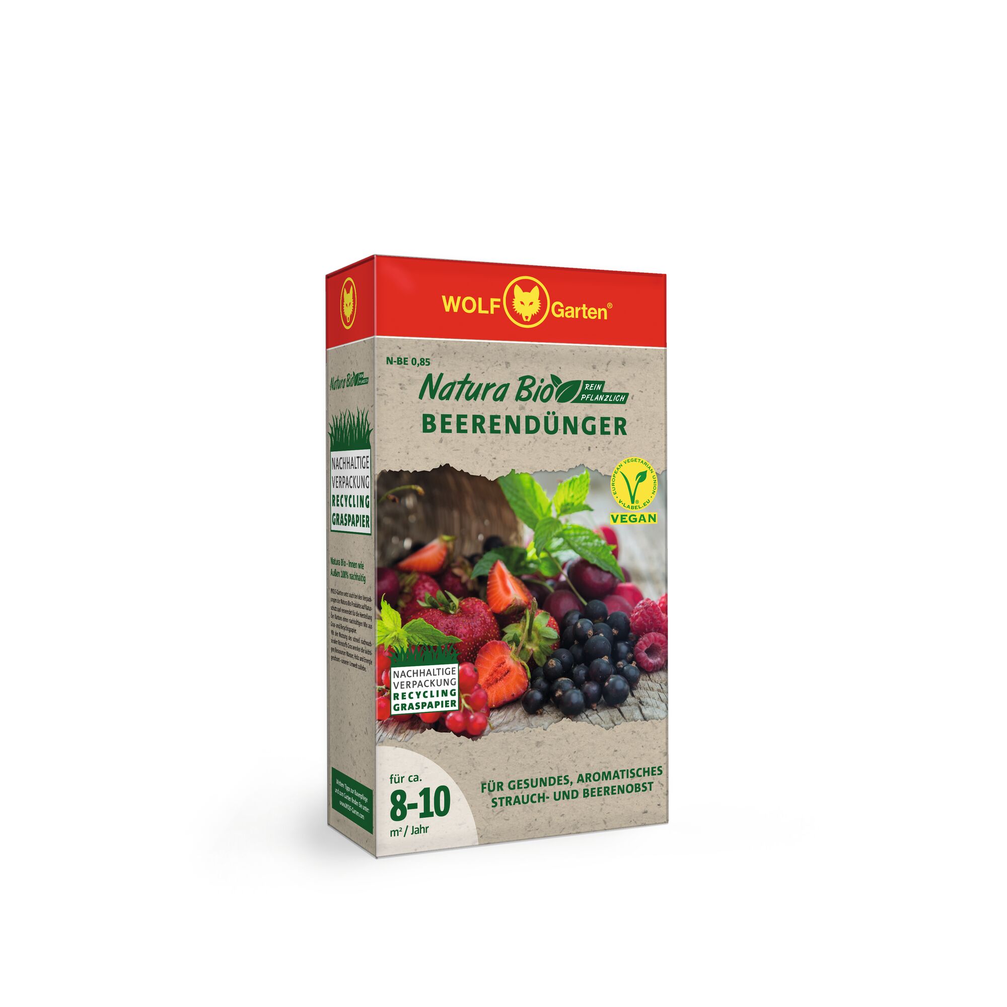 A box of WOLF Garten Natura Bio berry fertilizer, featuring sustainable packaging and vegan certification. The front of the box displays images of various berries including strawberries, grapes, and currants.