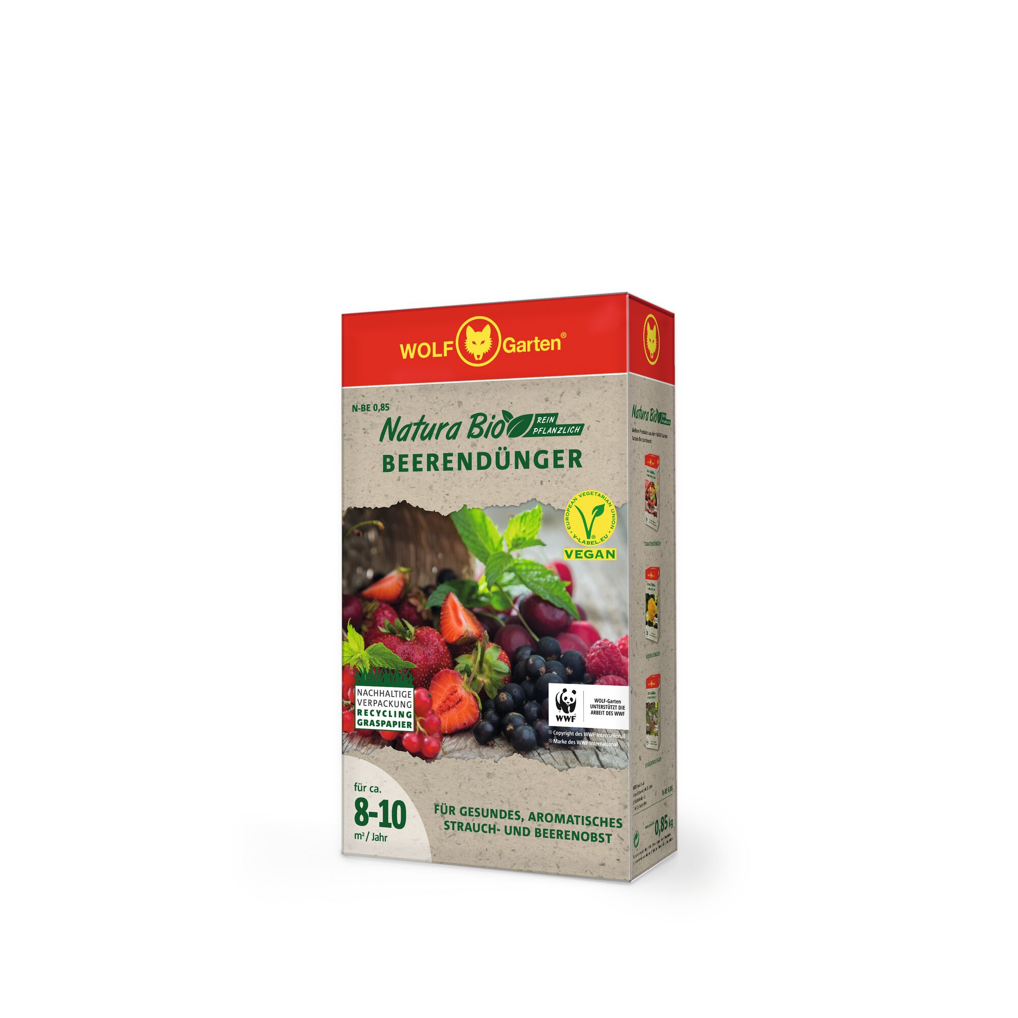 A box of WOLF Garten Natura Bio berry fertilizer, featuring images of various berries on the front and highlighting its vegan and eco-friendly qualities.