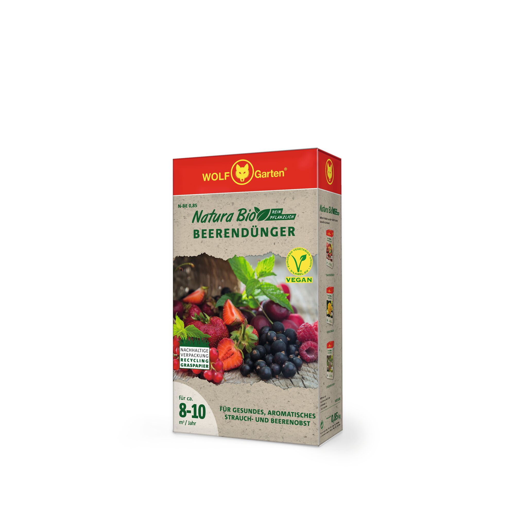 A box of WOLF-Garten Natura Bio berry fertilizer, featuring the product name, images of various berries such as strawberries, raspberries, and grapes, vegan certification, and sustainability information. The packaging indicates the fertilizer is suitable for healthy and aromatic berry bushes and fruit.