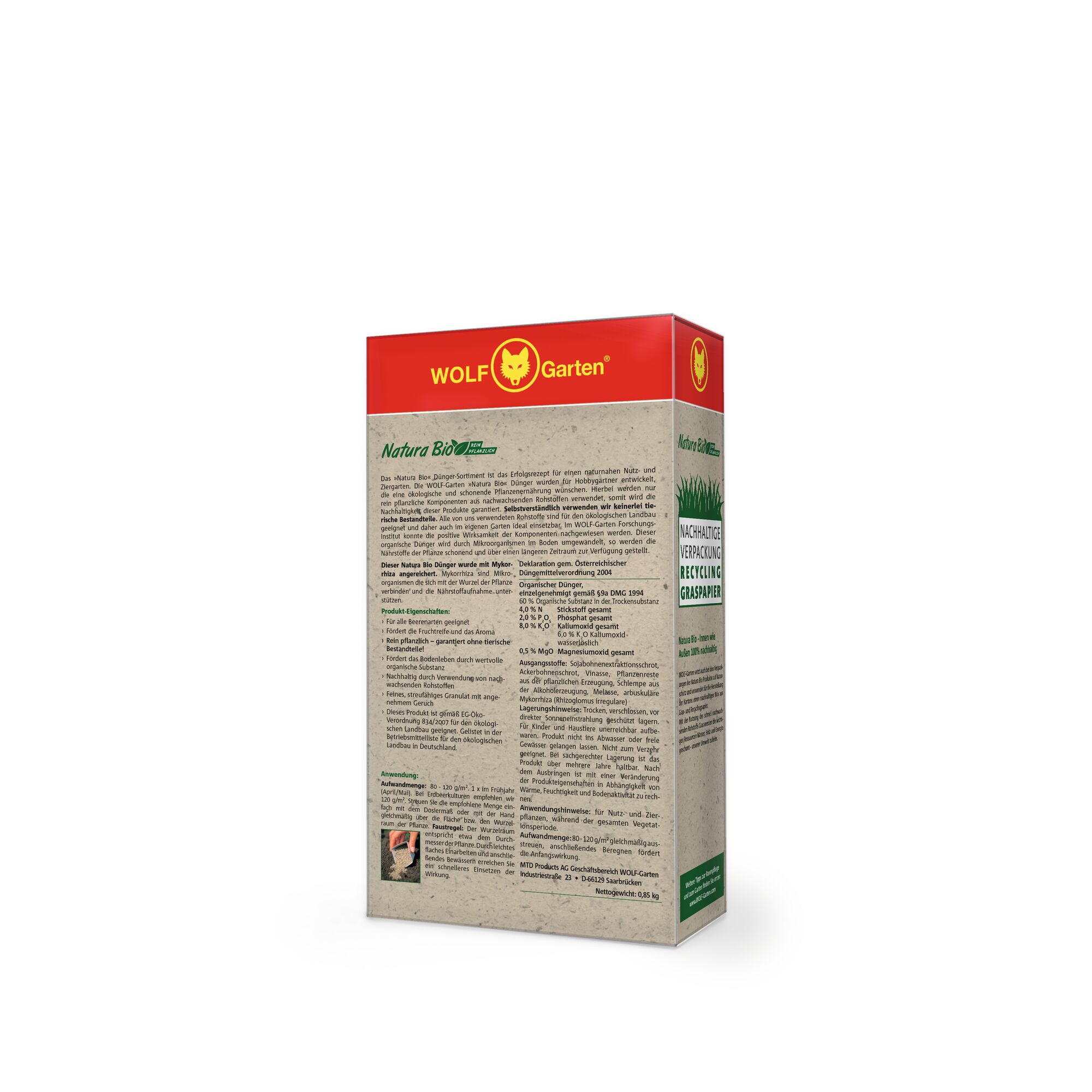 Box of WOLF Garten Natura Bio product with a red top and beige body featuring detailed information and instructions in German, seen from an angled view.