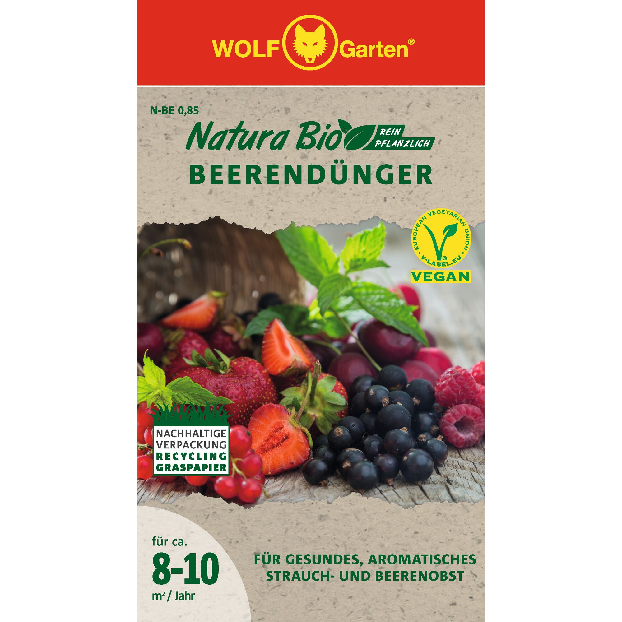 WOLF Garten Natura Bio Berry Fertilizer packaging. The design shows various berries such as strawberries, blackcurrants, and redcurrants with green leaves. The package features vegan and sustainable packaging labels and highlights berry fertilizer for healthy, aromatic berry and shrub fruit.