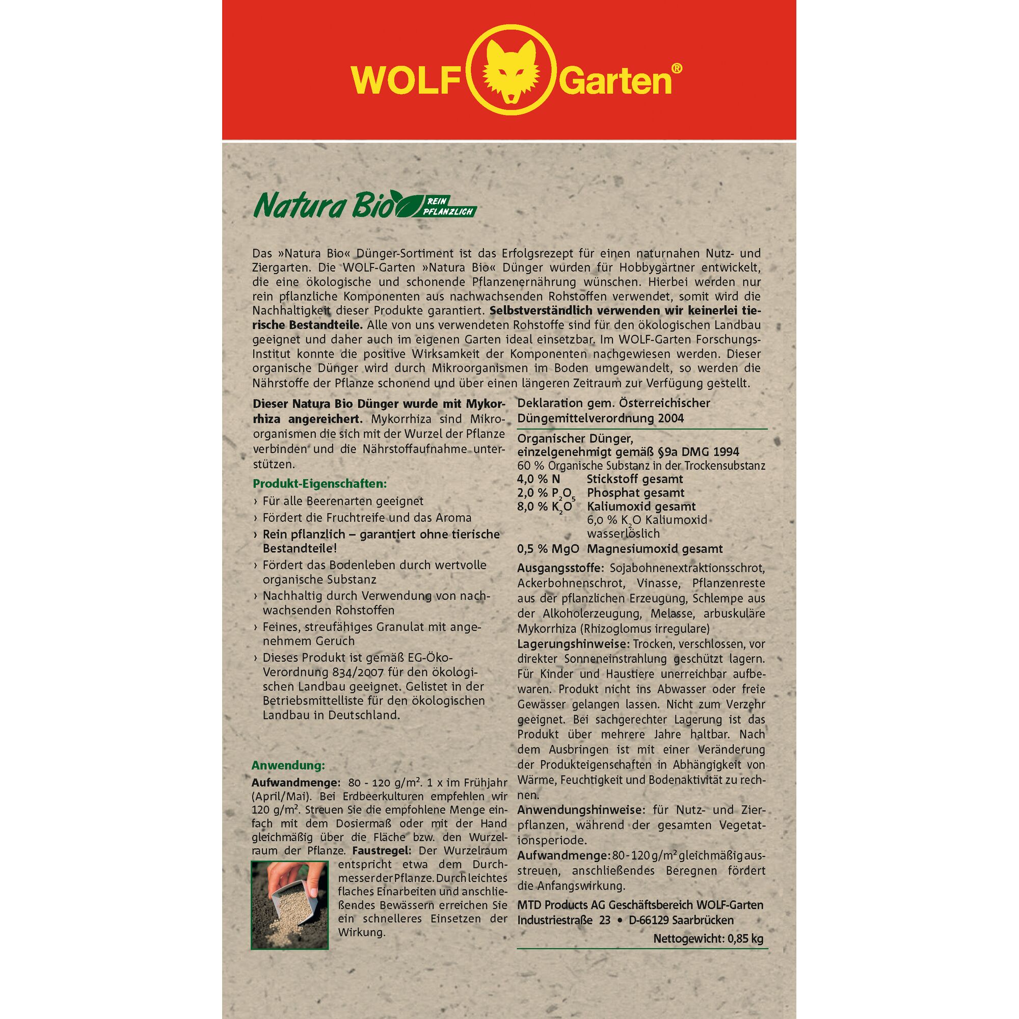 Product information sheet for WOLF-Garten Natura Bio organic fertilizer. The sheet is primarily in German. It describes the features and benefits of the fertilizer, which is produced from plant-based components and enriched with mycorrhiza. The sheet includes details on product characteristics, application instructions, and its suitability for ecological agriculture. Net weight: 0.85 kg.