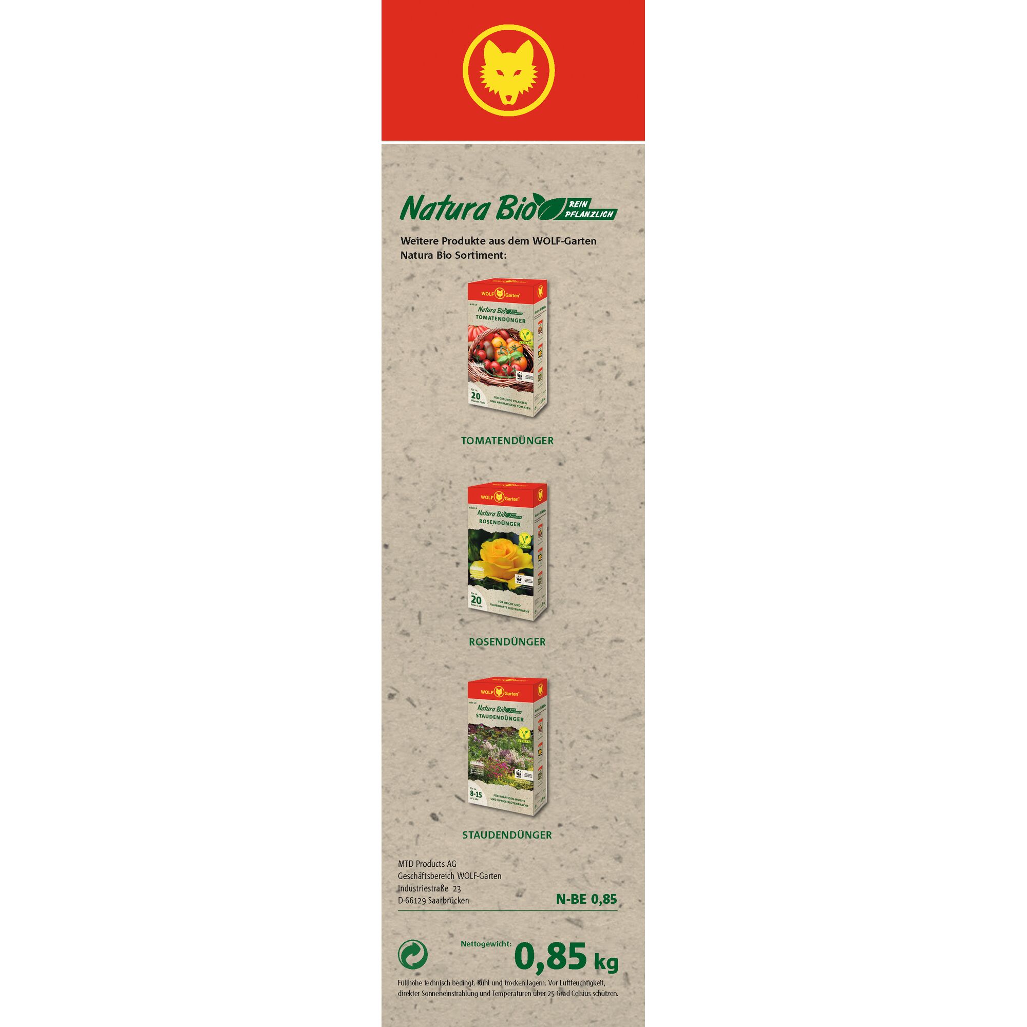 Promotional image for WOLF-Garten Natura Bio products. The image displays three gardening fertilizer products: one for tomatoes, one for roses, and one for perennials. The WOLF-Garten yellow wolf head logo is shown at the top. The net weight of 0.85 kg is indicated at the bottom.