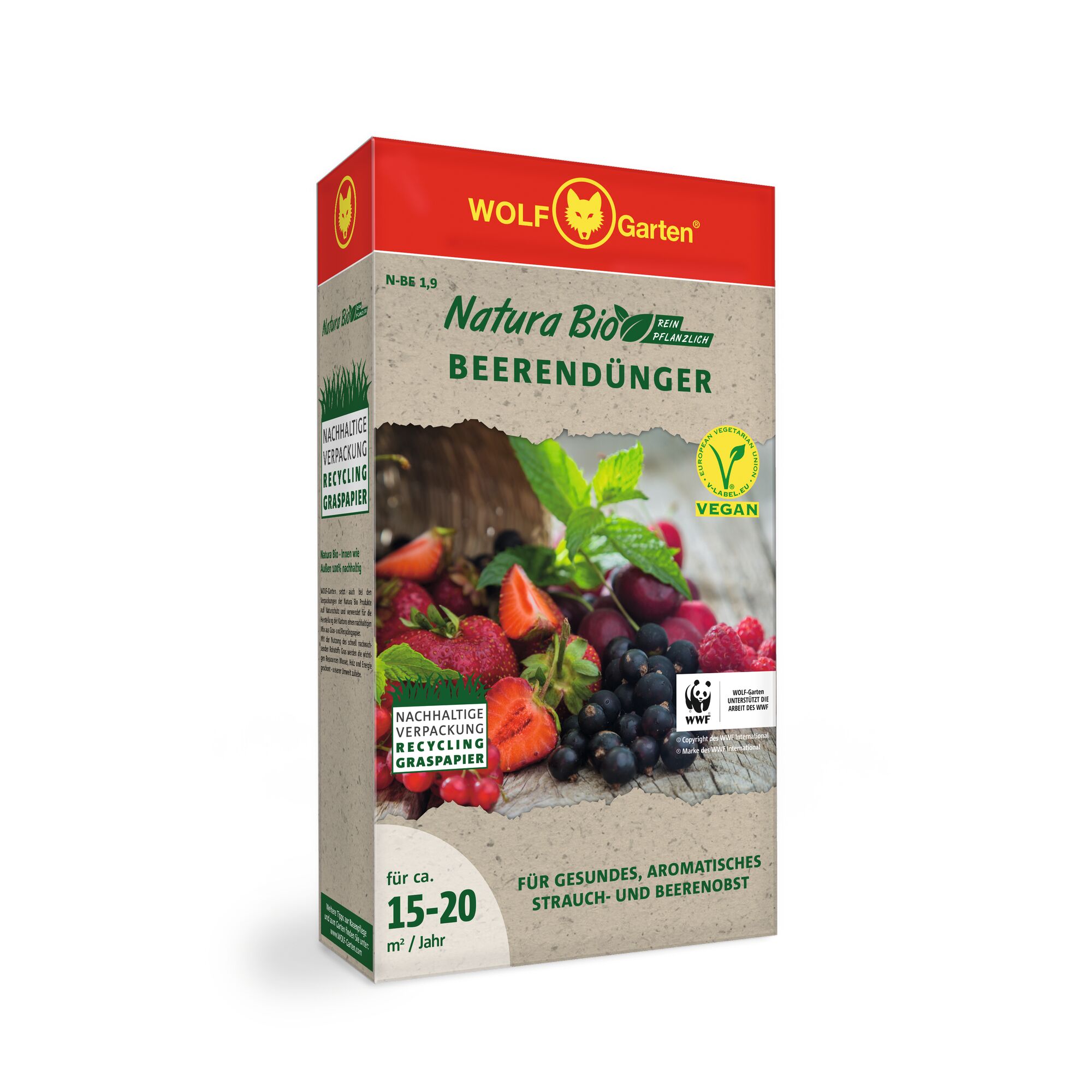 A box of WOLF Garten Natura Bio Berry Fertilizer. The packaging features images of assorted berries such as strawberries, raspberries, and blackberries. It highlights vegan certification and sustainable packaging made from recycled grass paper. Several labels and logos are visible on the front.