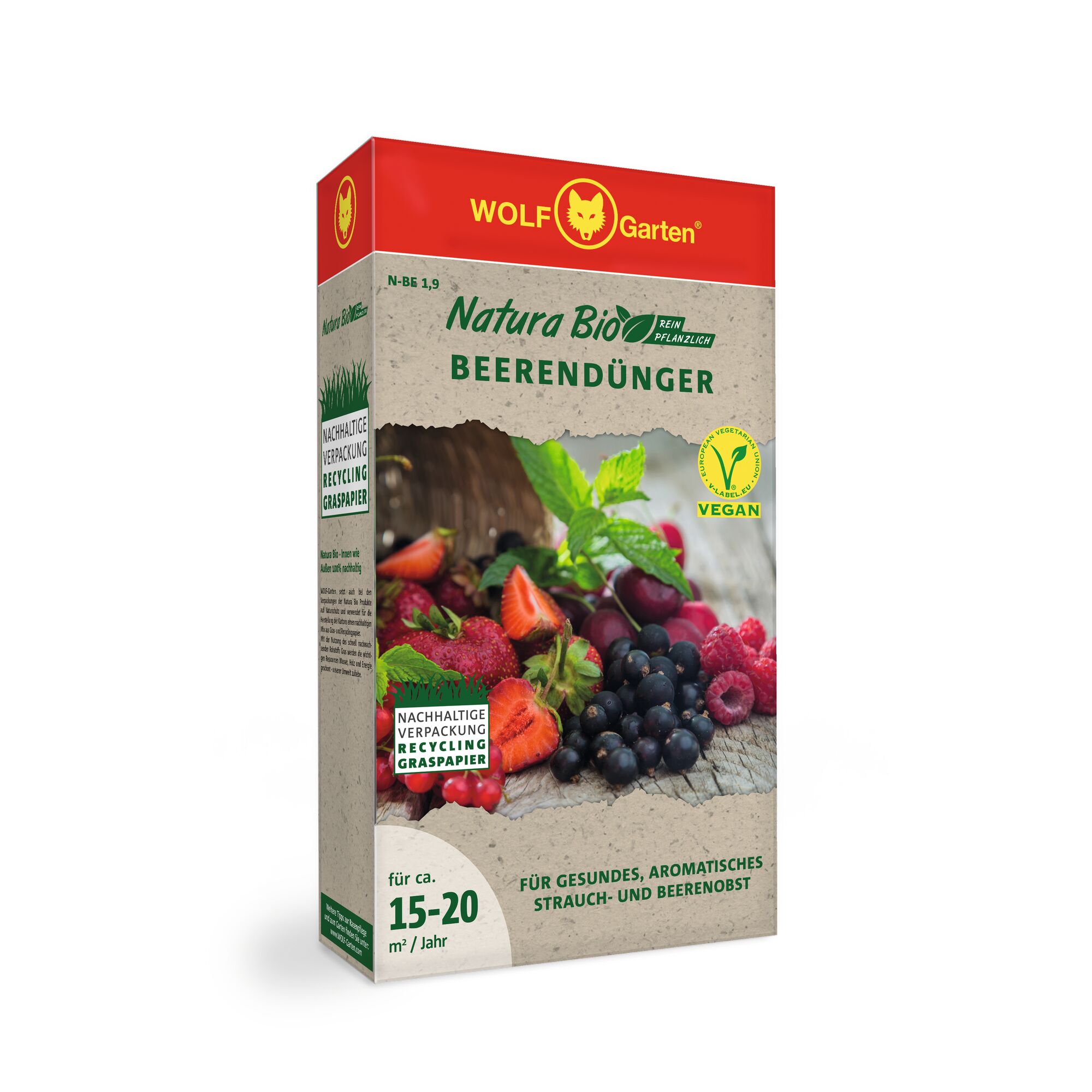 Front view of a box of WOLF Garten Natura Bio vegan berry fertilizer, showing the brand name, product information, and images of assorted berries like strawberries, raspberries, and grapes. The packaging highlights sustainable recycling grass paper.
