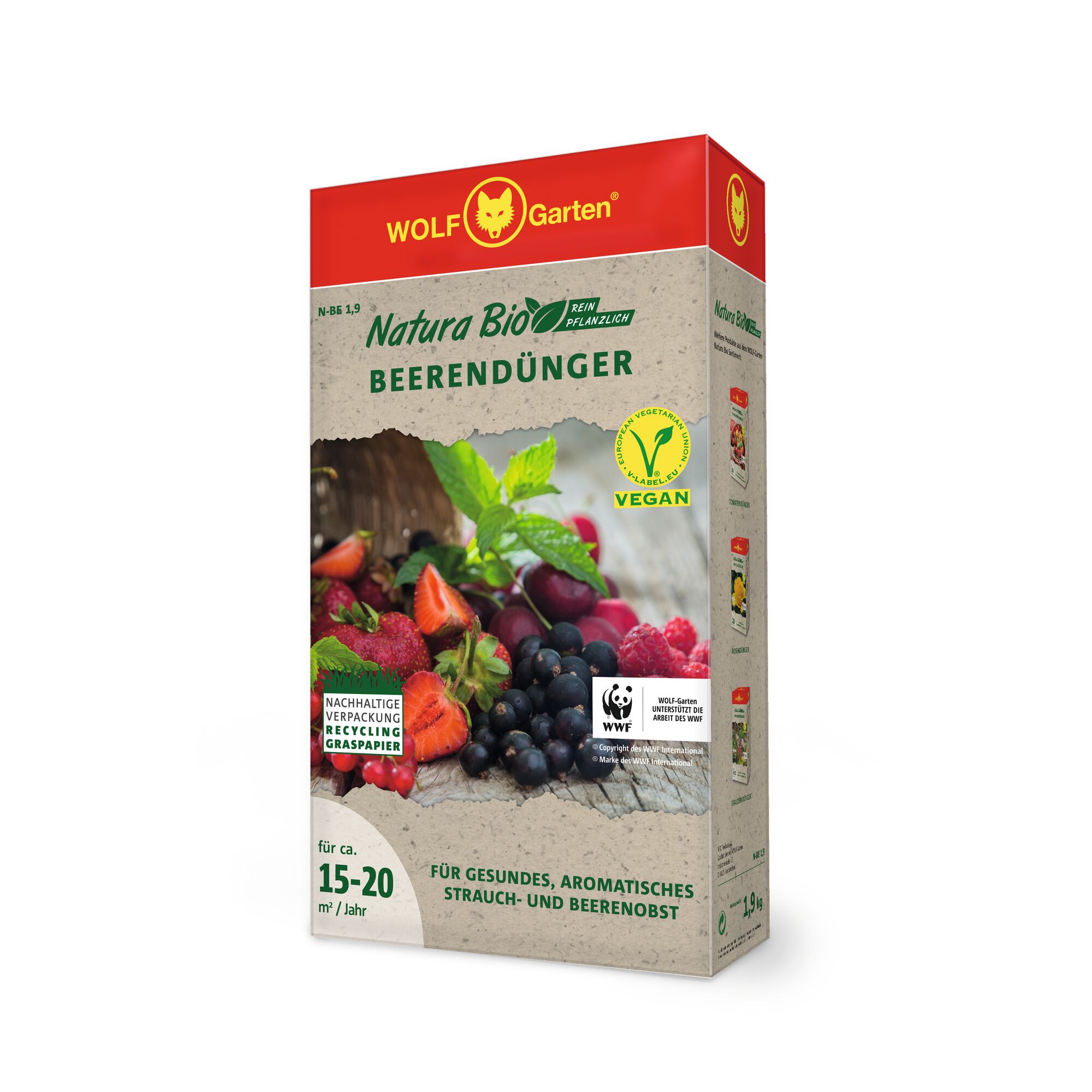 A box of WOLF-Garten Natura Bio Berry Fertilizer, featuring a red and beige packaging with images of assorted berries. The box highlights vegan and sustainable packaging, as well as compatibility for healthy, aromatic shrub and berry fruits.