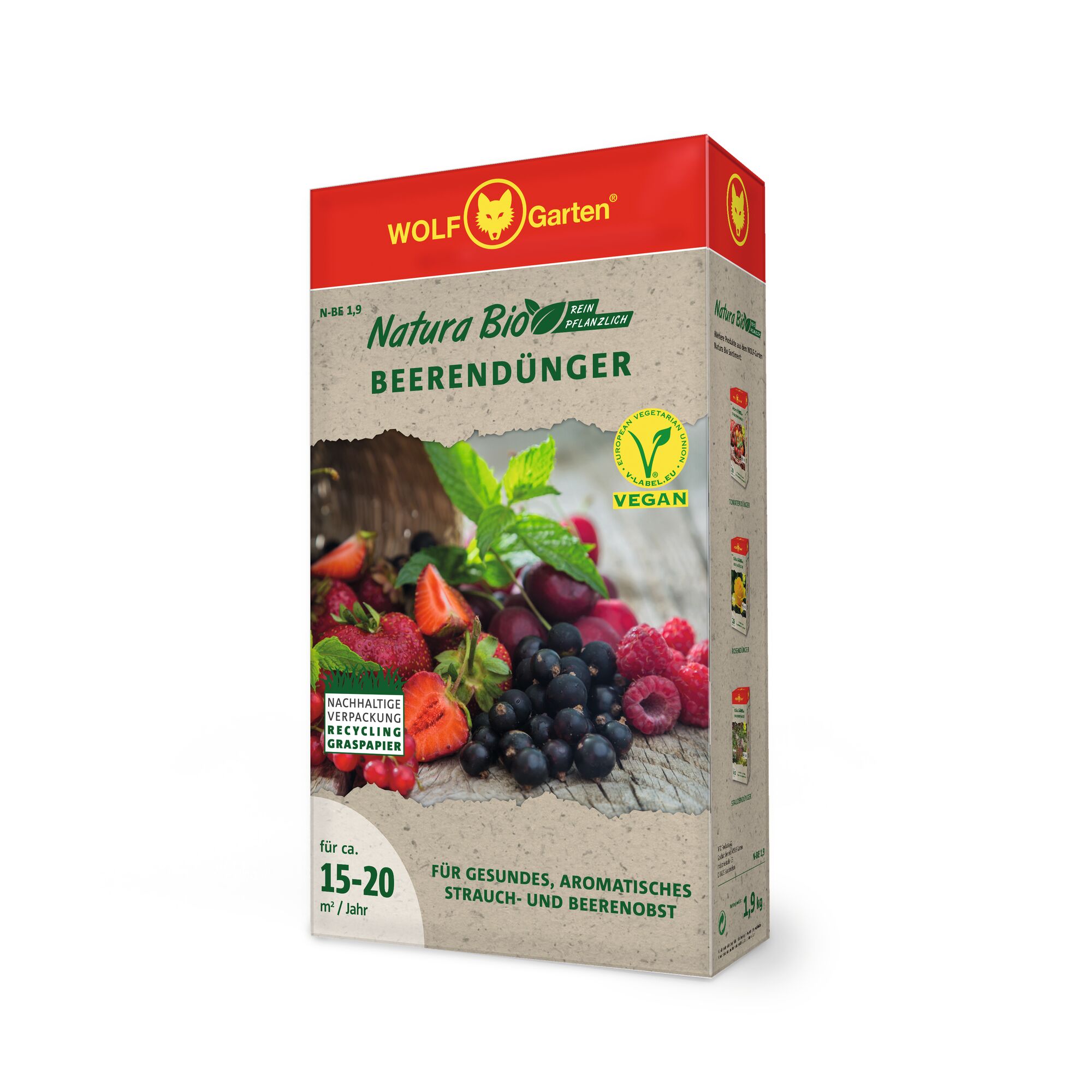 A box of WOLF-Garten Natura Bio organic berry fertilizer, featuring a red and beige design. The packaging shows various berries such as strawberries, raspberries, currants, and blueberries, and displays labels for vegan certification and sustainable paper recycling. The text indicates the product is suitable for healthy and aromatic berry and shrub fruits, covering approximately 15-20 square meters per year.