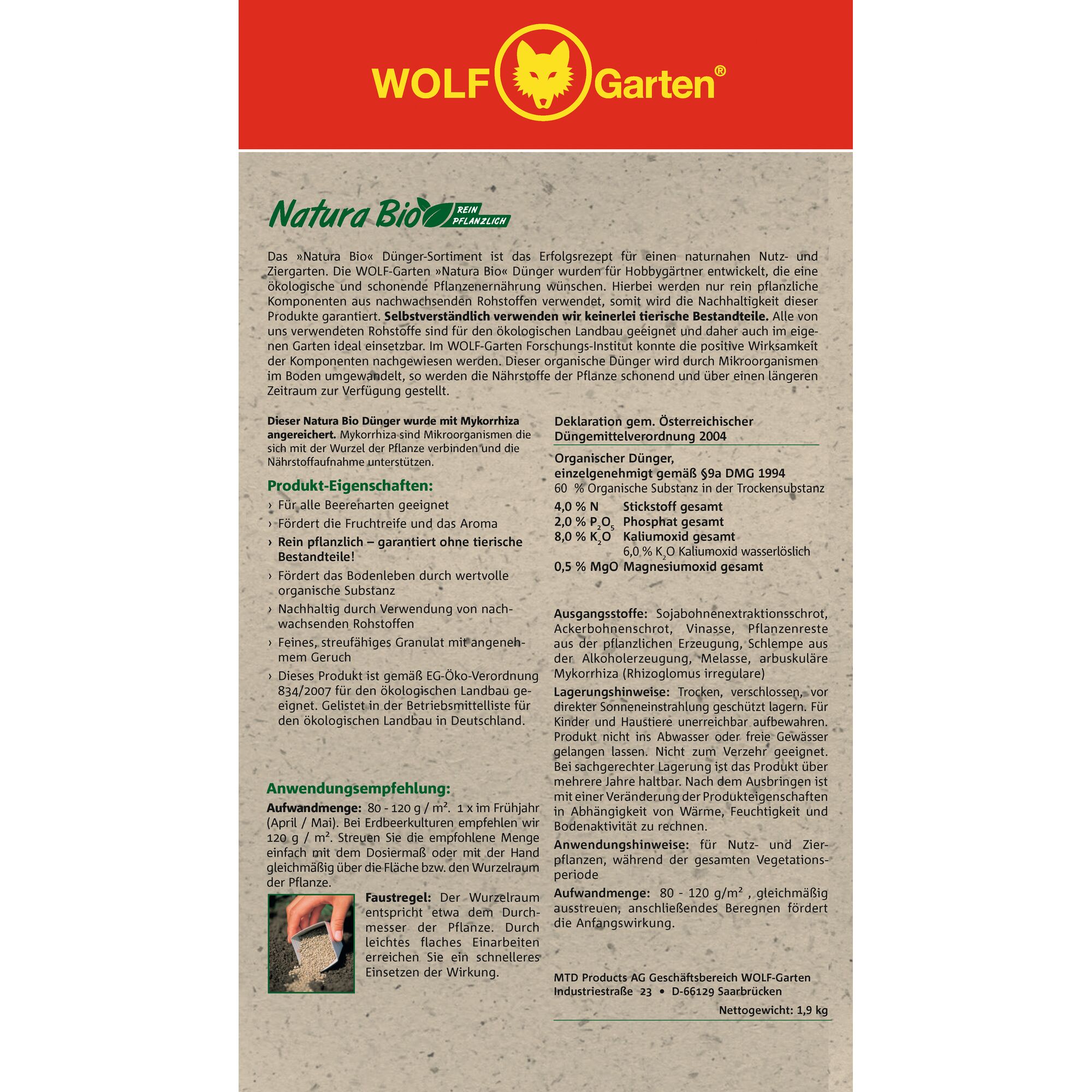 Product information sheet for WOLF-Garten Natura Bio fertilizer. The sheet includes the product logo at the top, description about its natural and plant-based ingredients, ecological benefits, instructions for use, product features, application recommendations, and detailed content specifications in German. The sheet is mainly beige with red accents and detailed black text.