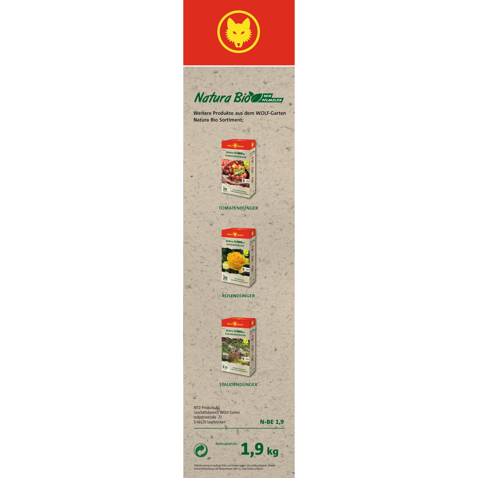Vertical promotional banner for WOLFGarten Natura Bio organic plant fertilizers. It features three products: Tomato Fertilizer, Rose Fertilizer, and Perennial Fertilizer, displayed with packaging images. The banner includes the WOLFGarten logo at the top, product descriptions in German, and indicates a net weight of 1.9 kg.