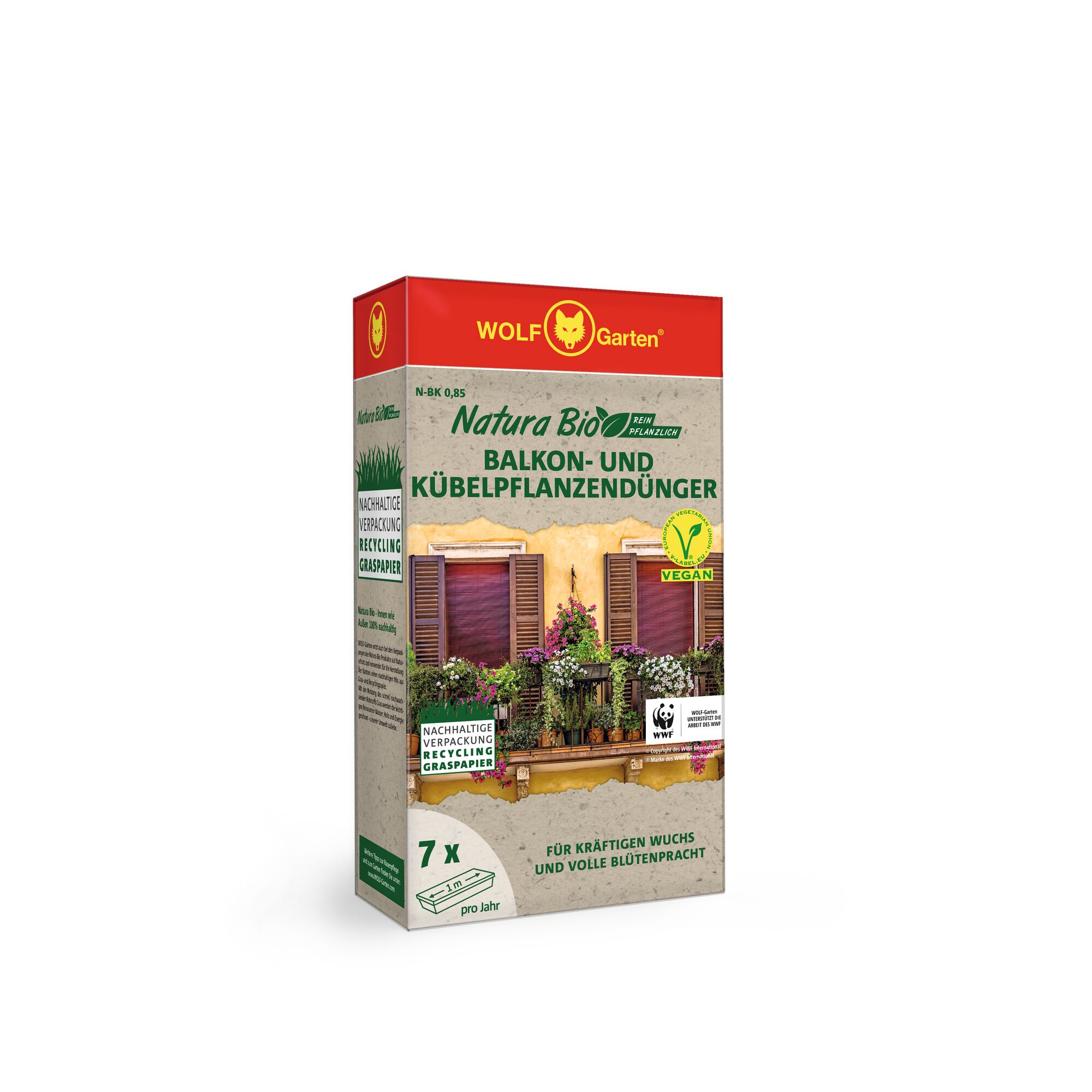 Rectangular box of WOLF-Garten Natura Bio Balcony and Tub Plant Fertilizer, designed for strong growth and abundant flowering. The packaging is sustainable and features a photo of a balcony with vibrant flowers. The box is mainly red and beige with green accents and marked vegan.