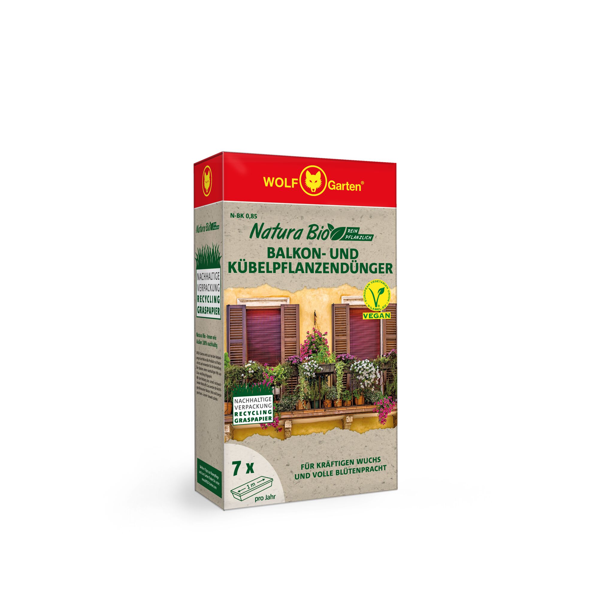 A box of WOLFGarten Natura Bio balcony and potted plant fertilizer. The packaging displays images of flower boxes on a balcony, vegan labeling, and information about sustainable packaging. The box has a red top with the WOLFGarten logo.