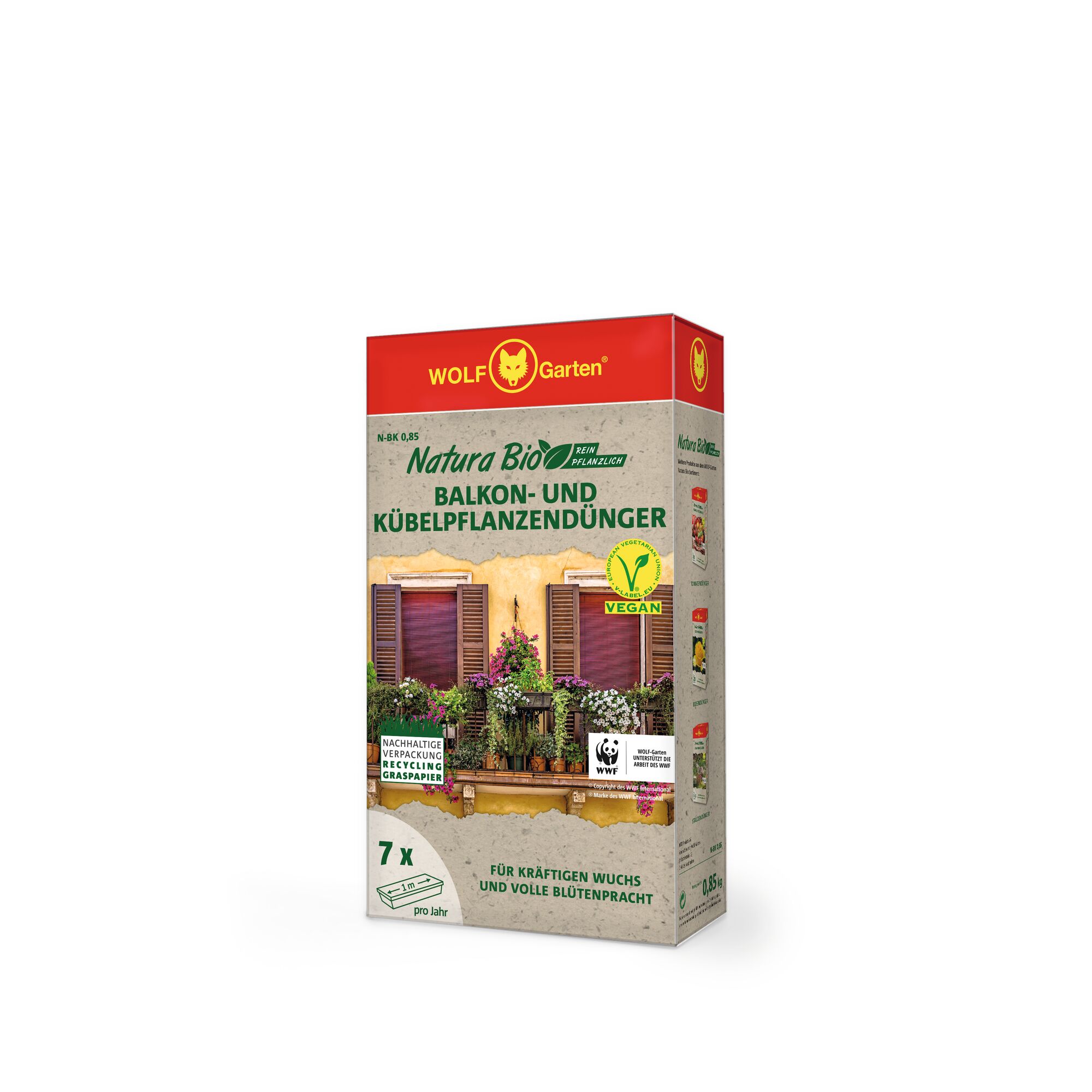 A box of WOLF Garten Natura Bio balcony and potted plant fertilizer, featuring eco-friendly packaging and vegan certification. The packaging displays a balcony with various flowering plants.