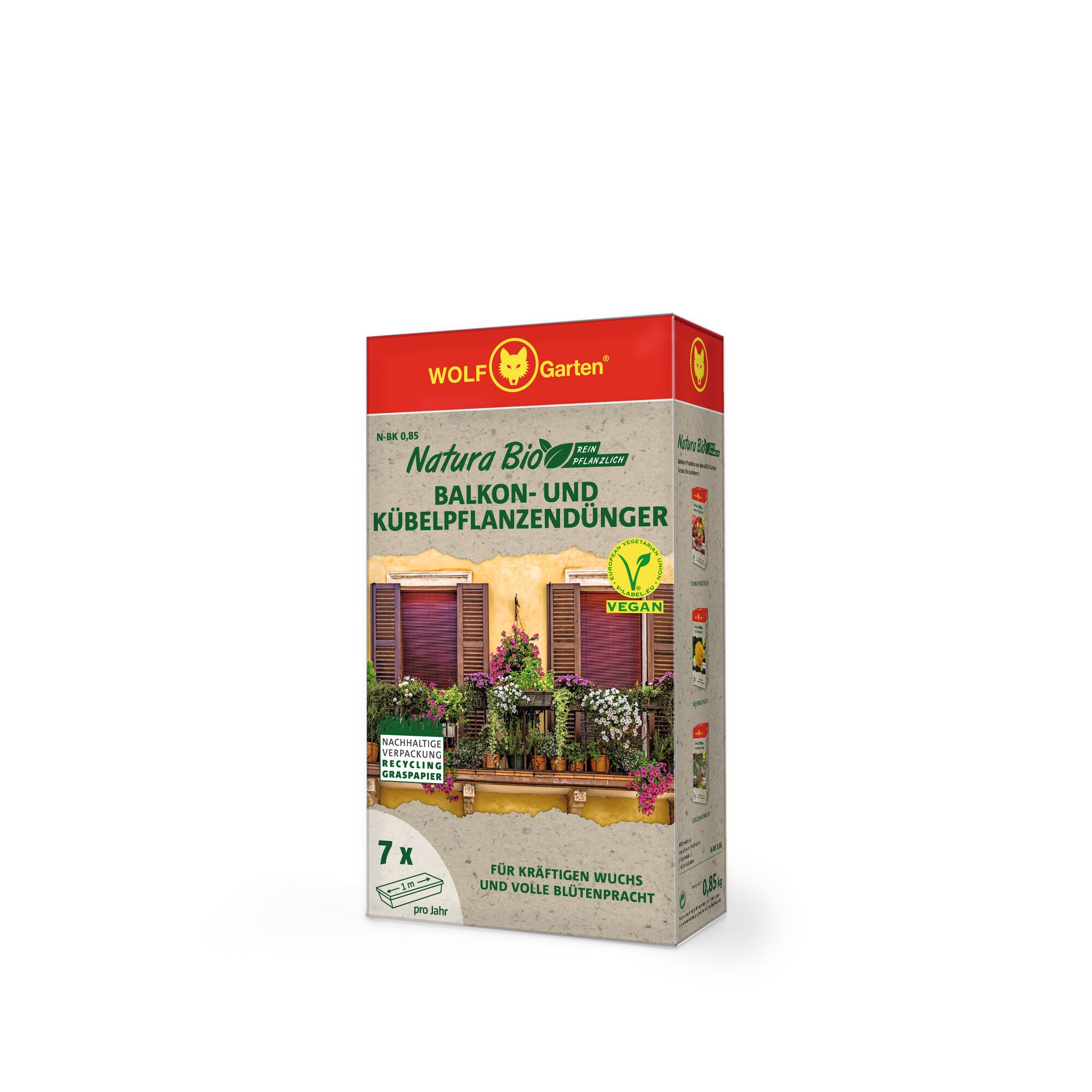 WOLFGarten Natura Bio vegan balcony and container plant fertilizer box, featuring an image of a flower-filled balcony, sustainable packaging, and labeled for strong growth and abundant flowering.